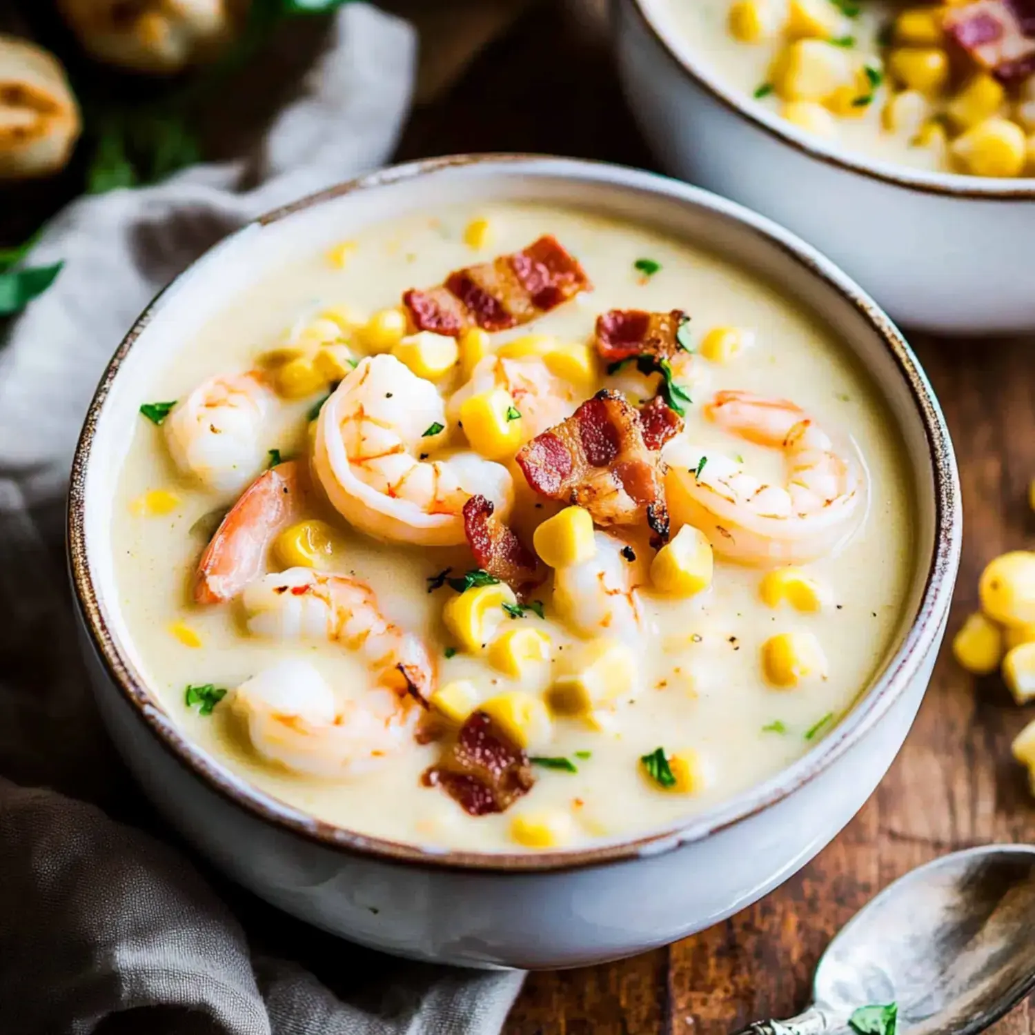 A bowl of creamy shrimp corn chowder topped with crispy bacon and chopped parsley, set on a wooden table.