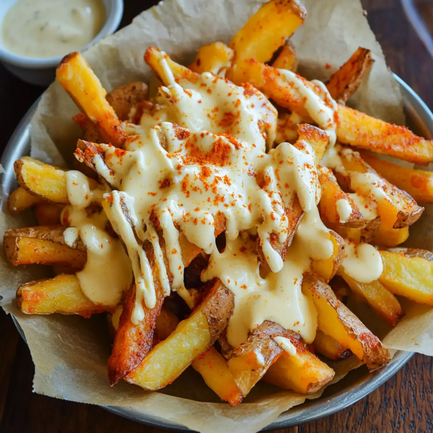 A bowl of crispy French fries topped with a creamy sauce and sprinkled with spices.