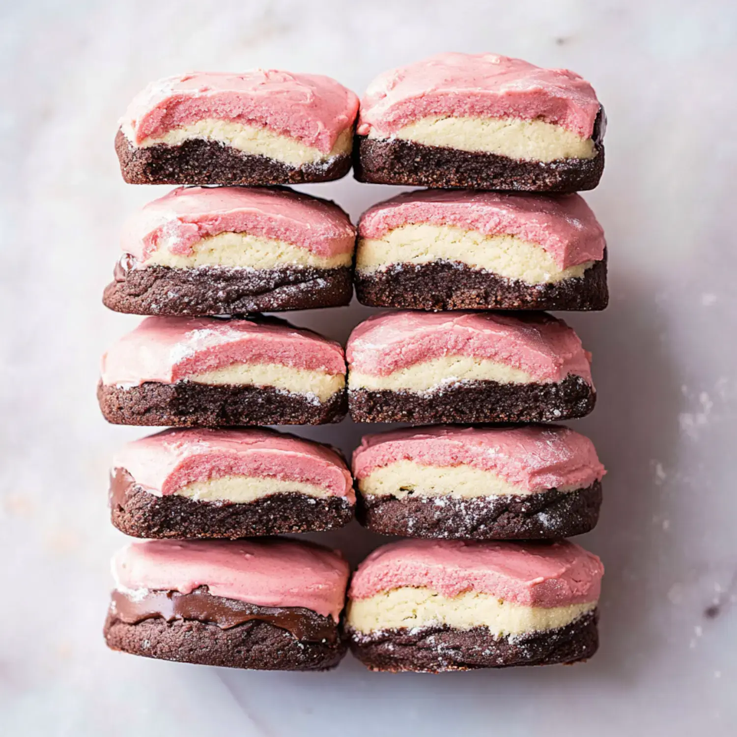 A stack of layered brownies with pink frosting on top and a creamy yellow middle, arranged neatly on a marble surface.