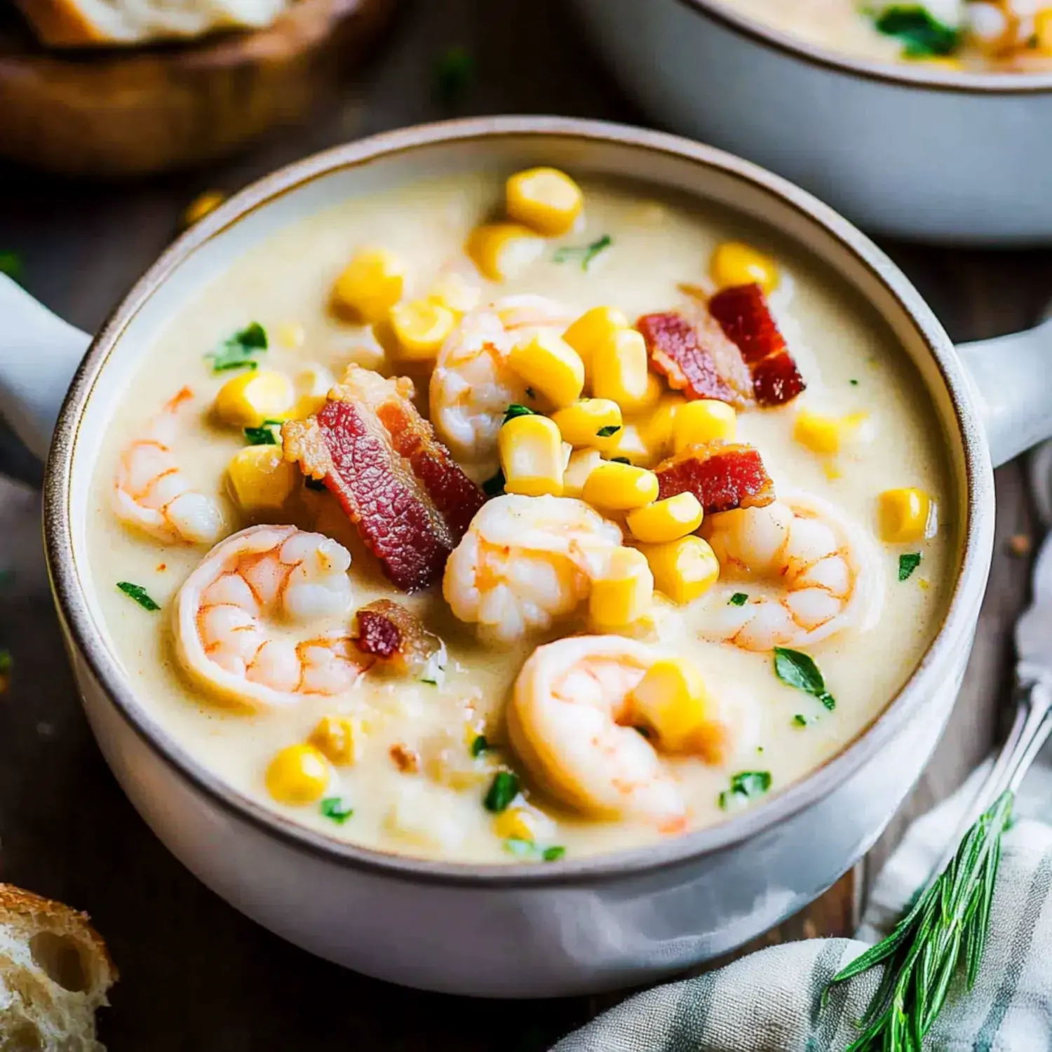 A bowl of creamy shrimp and corn chowder topped with crispy bacon and fresh herbs.