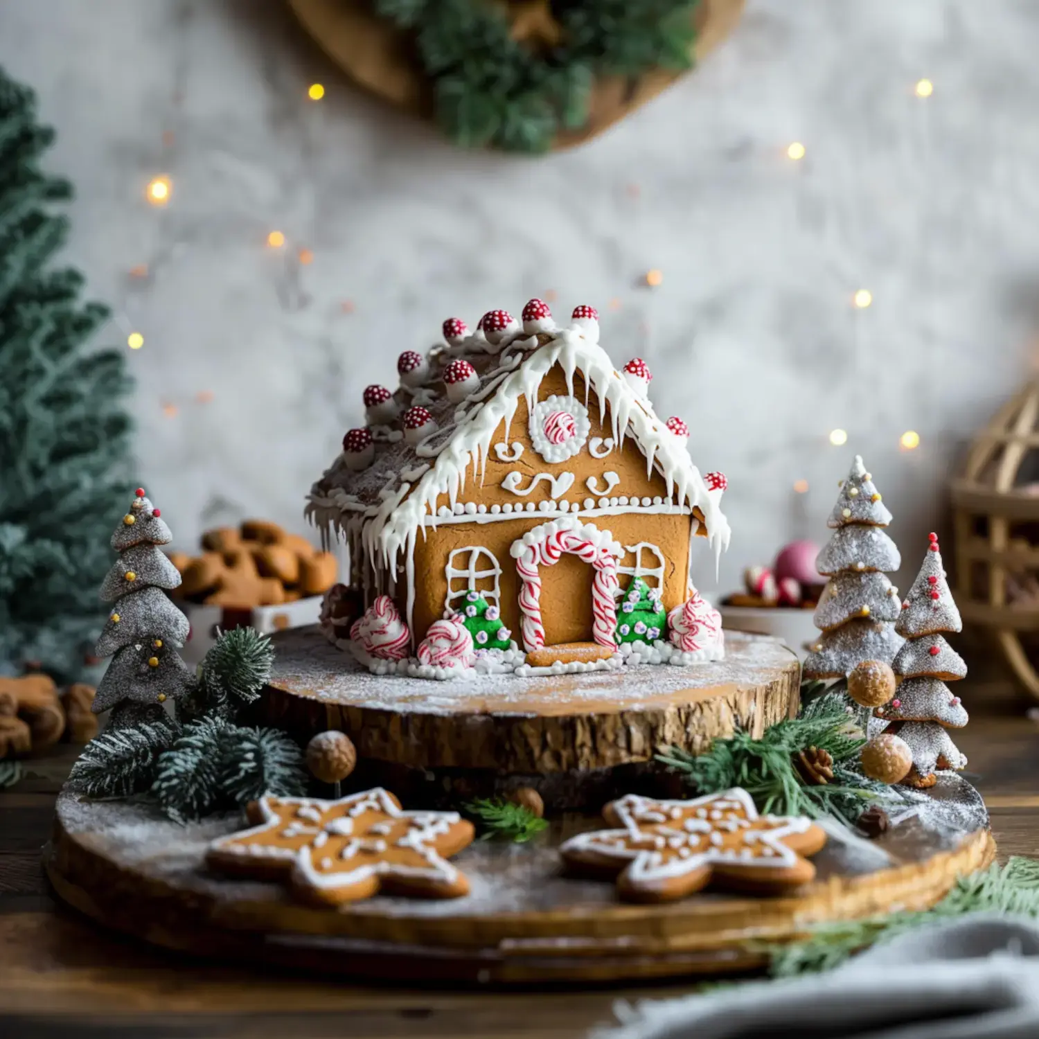 A beautifully decorated gingerbread house with candy adornments, surrounded by miniature trees and snowflake-shaped cookies on a wooden platter.