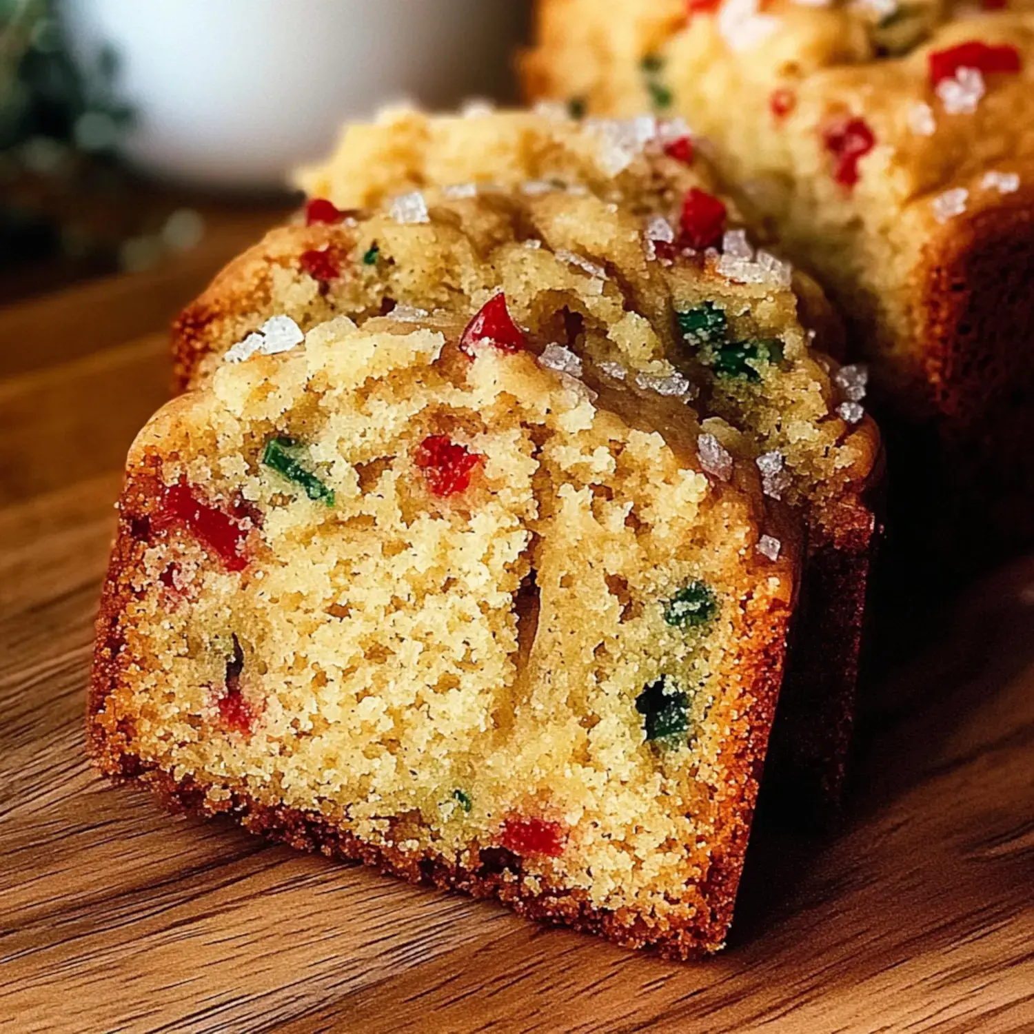 A close-up of a slice of cake with red and green candy pieces, topped with coarse sugar, resting on a wooden surface.