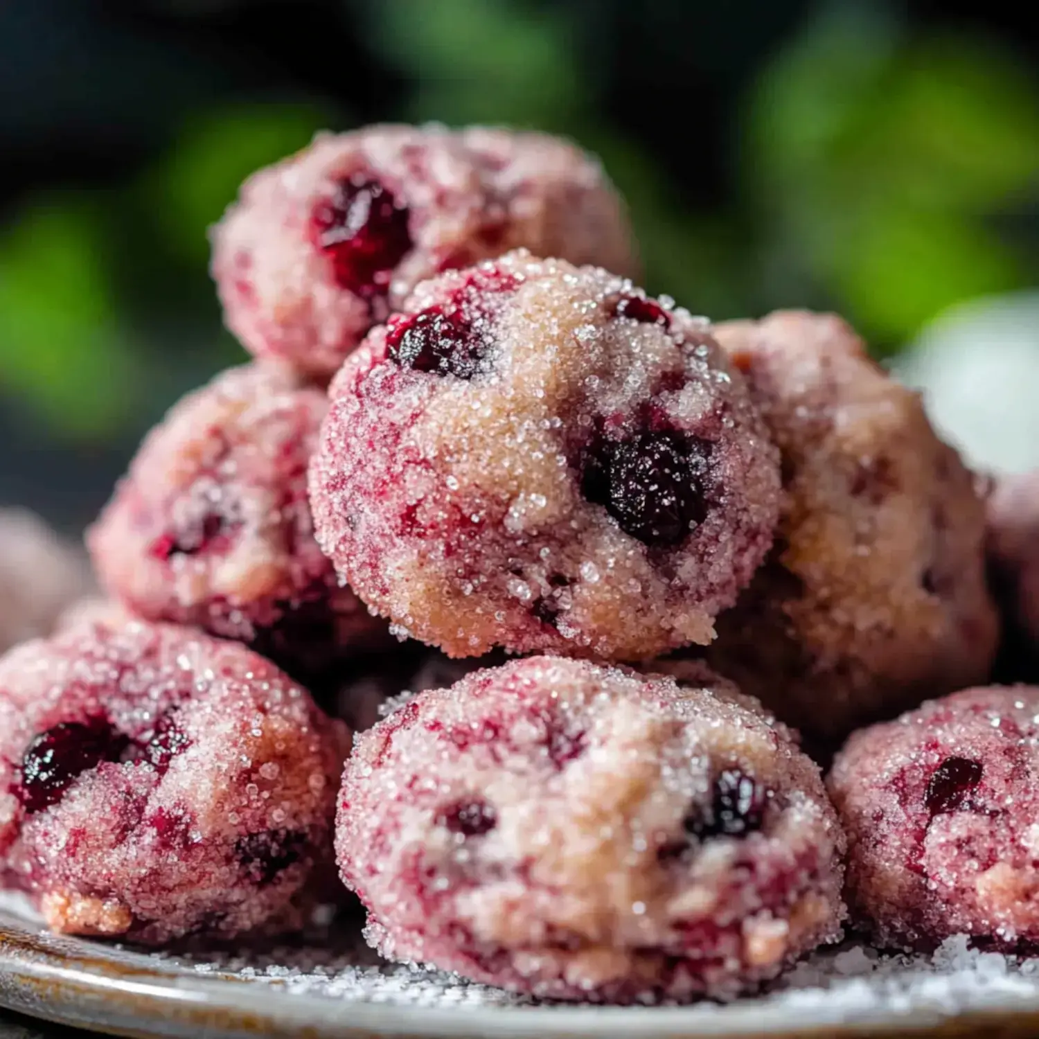 A close-up view of a pile of sugary, cranberry-studded cookies.