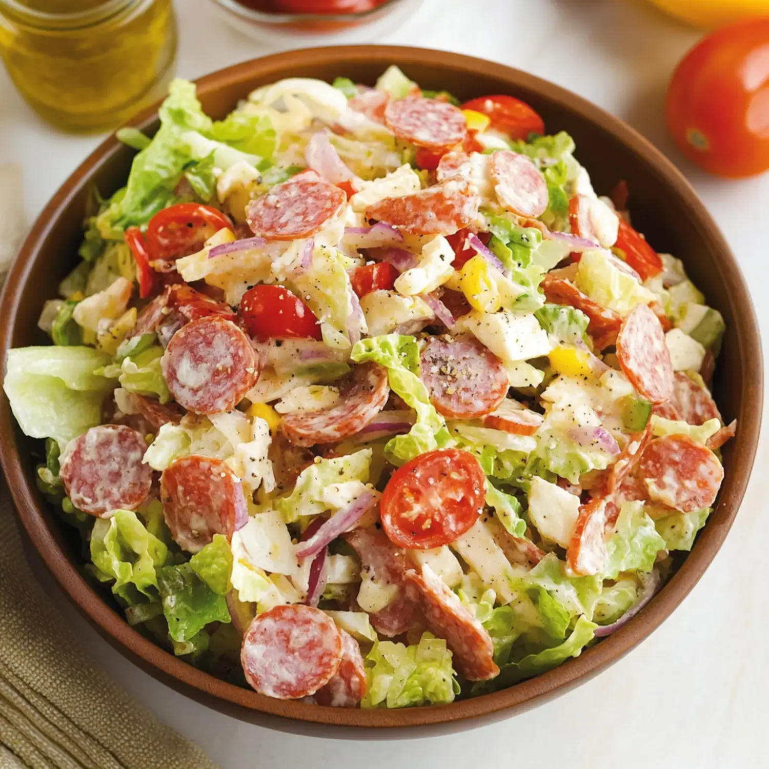 A colorful salad in a brown bowl featuring lettuce, sliced pepperoni, cherry tomatoes, and a creamy dressing.