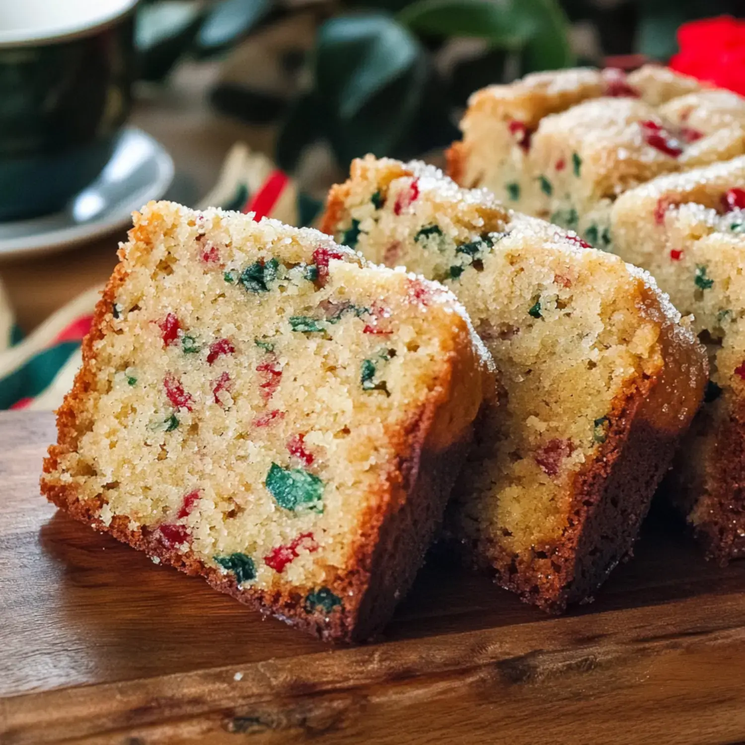 A close-up of sliced festive cake with red and green bits on a wooden surface.