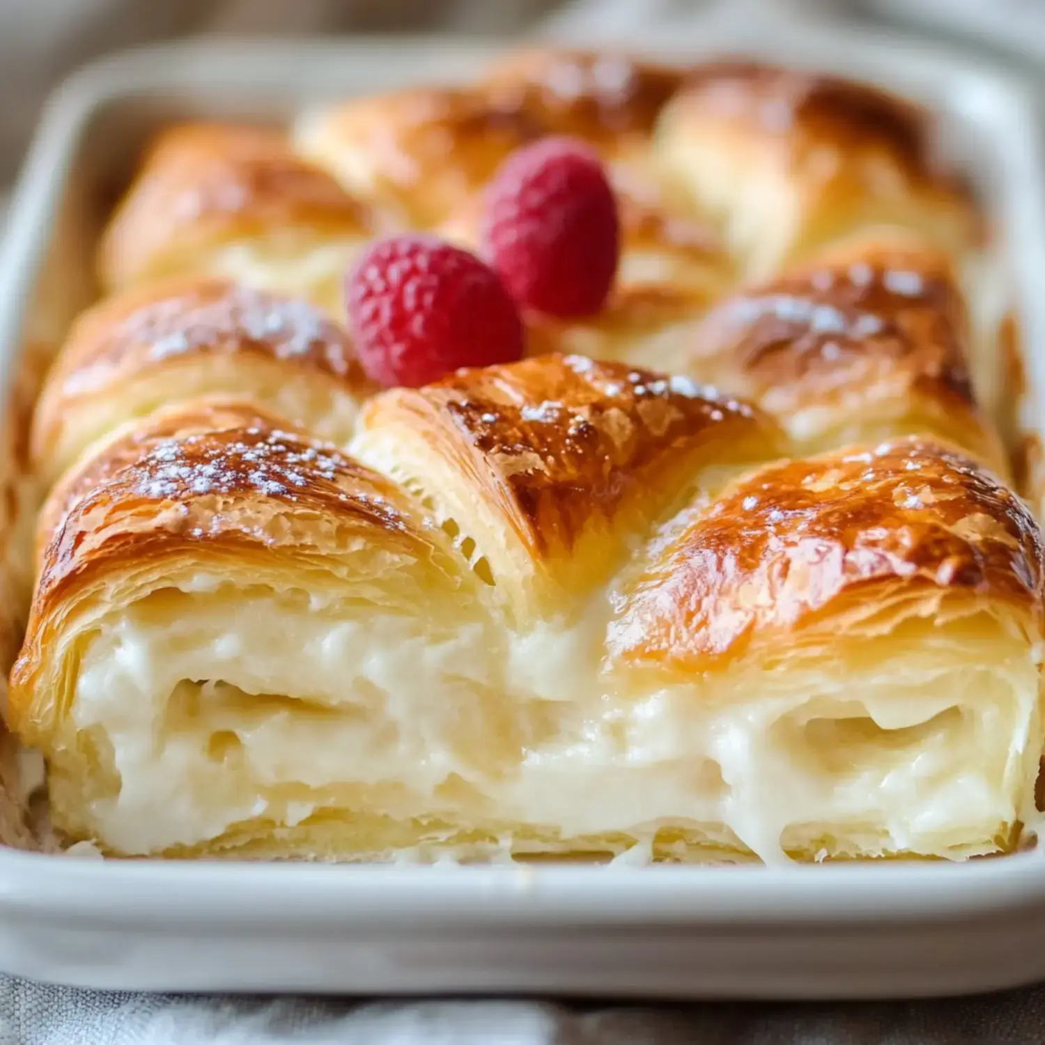 A close-up of a freshly baked pastry dish filled with cream, topped with powdered sugar and two raspberries.