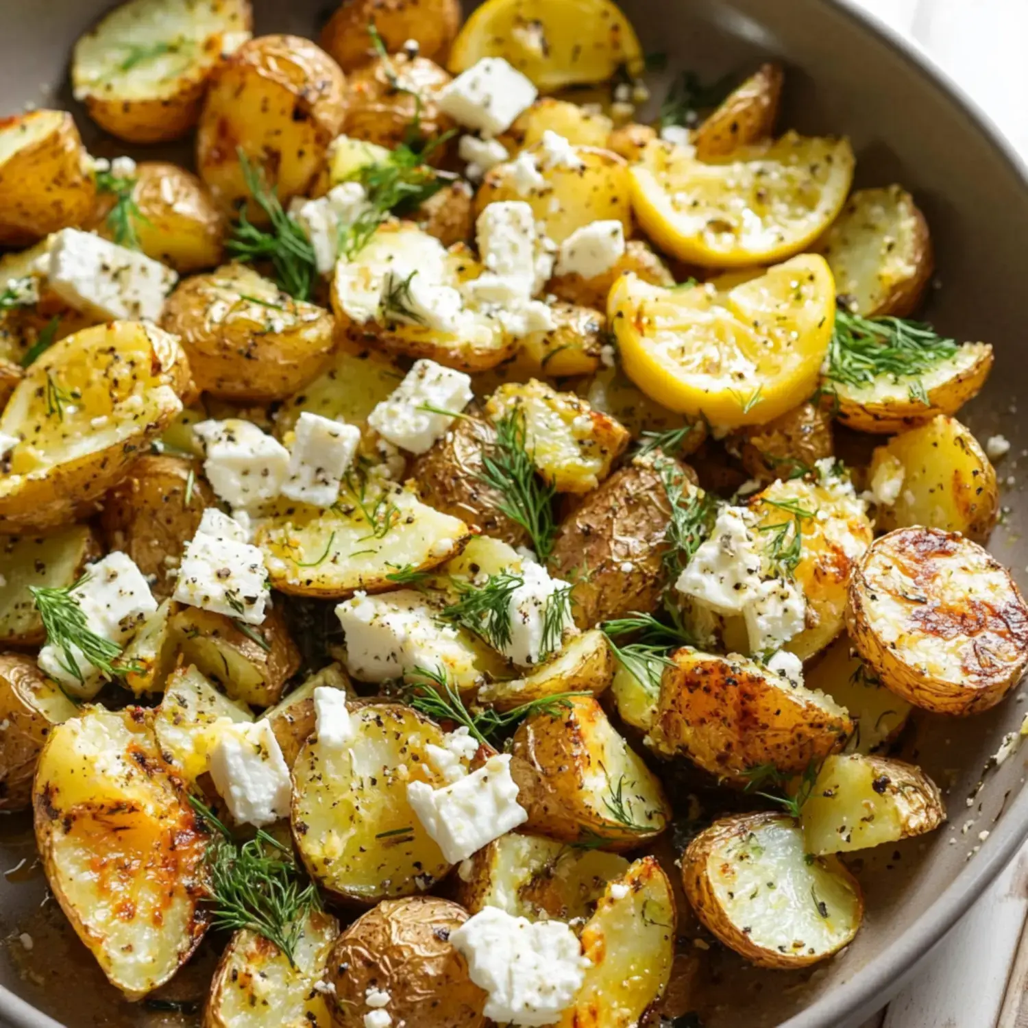 A pan of roasted baby potatoes mixed with lemon slices, crumbled feta cheese, and fresh dill.