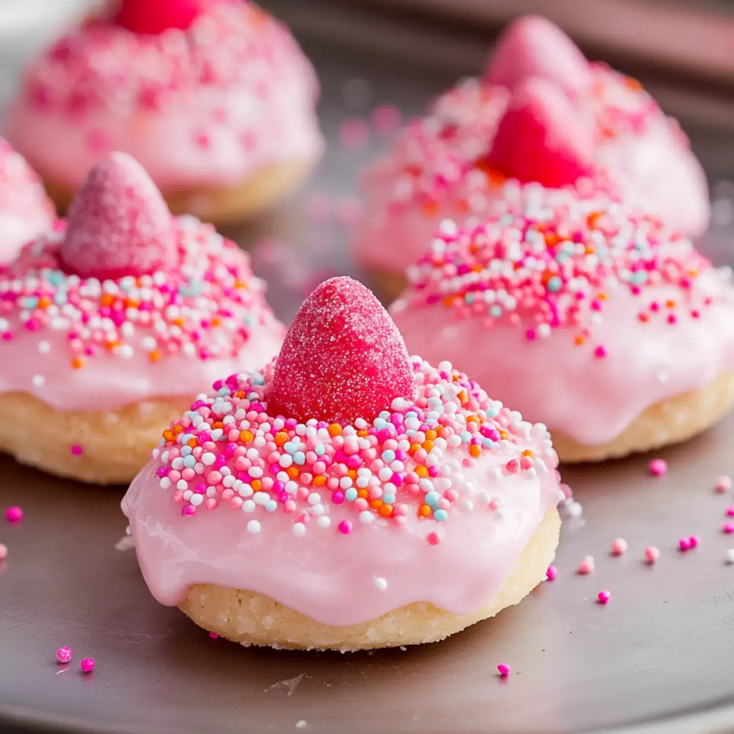 A close-up of pink frosted donuts topped with colorful sprinkles and a candy cone in the center.