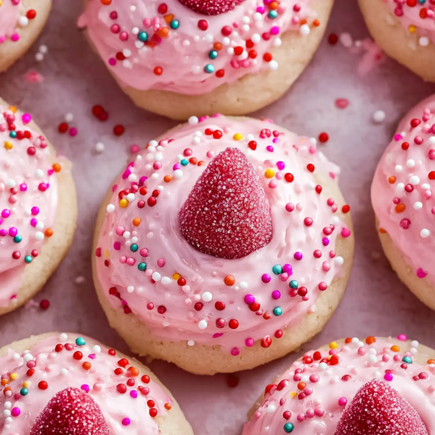 A close-up of frosted cookies topped with pink icing, colorful sprinkles, and a candy strawberry.