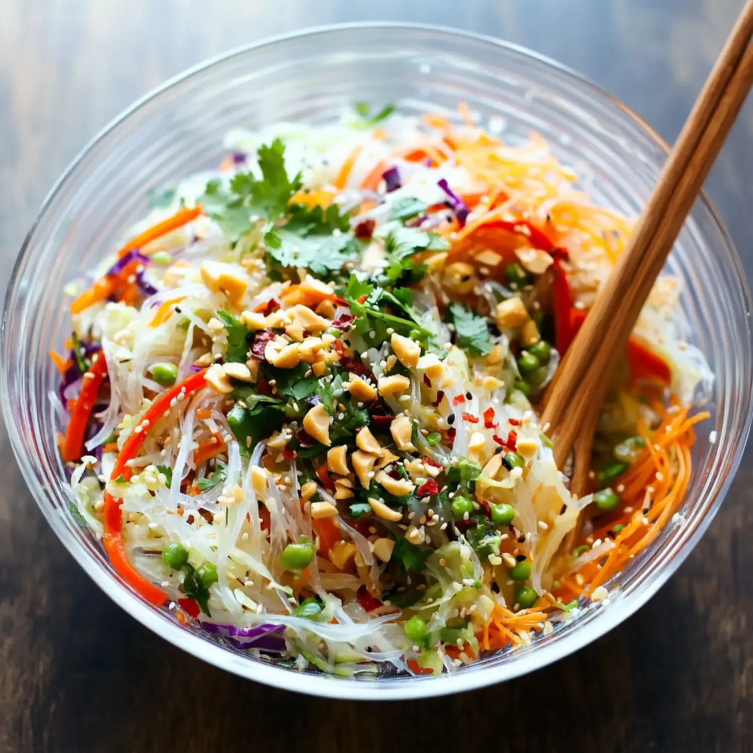 A clear glass bowl filled with colorful salad ingredients, including vermicelli noodles, mixed vegetables, cilantro, crushed peanuts, and garnished with red pepper flakes.