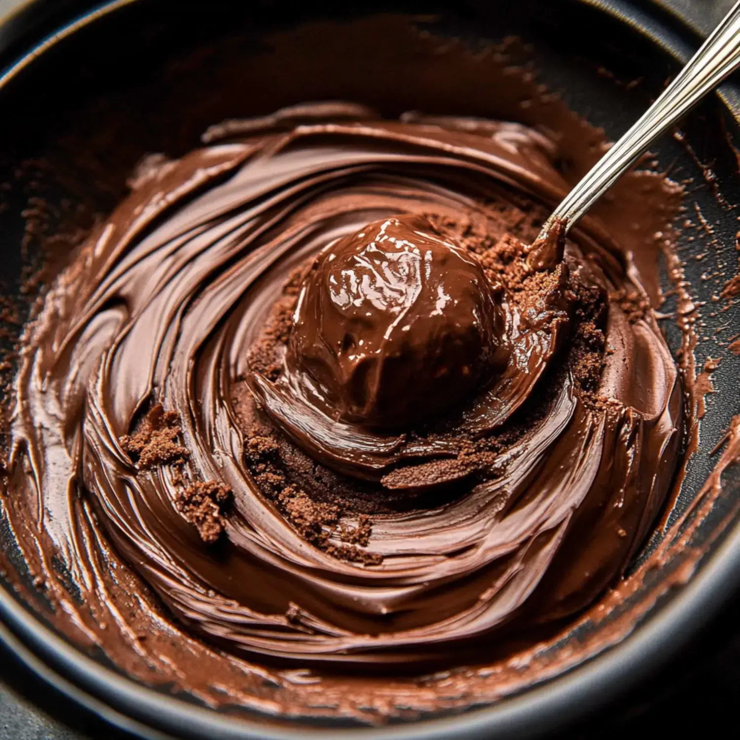 A close-up of a bowl containing smooth melted chocolate swirled around a round chocolate truffle.