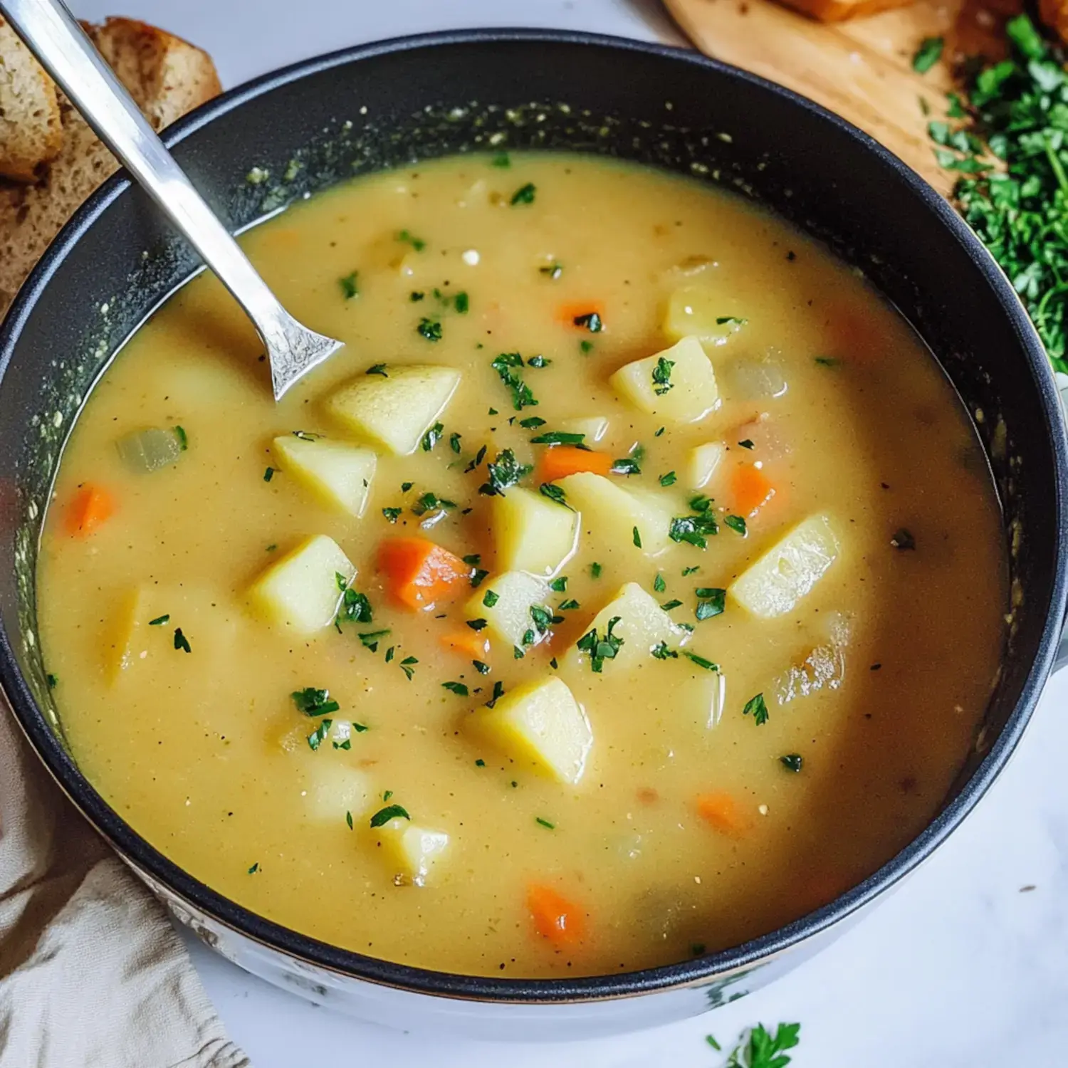 A close-up of a bowl of hearty vegetable soup with chunks of potatoes, carrots, and garnished with fresh parsley.