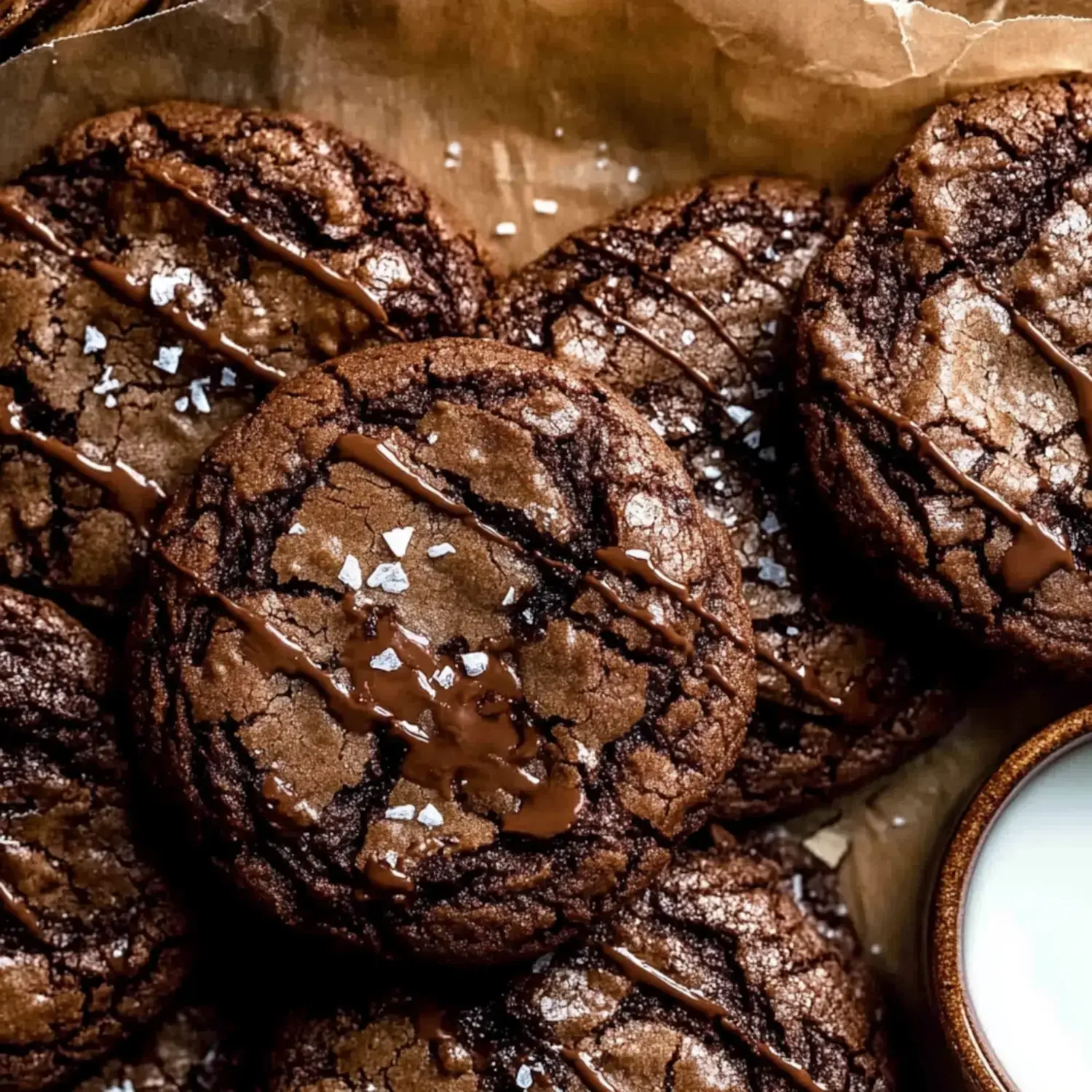 A close-up of gooey chocolate cookies drizzled with chocolate and sprinkled with sea salt, accompanied by a small bowl of milk.