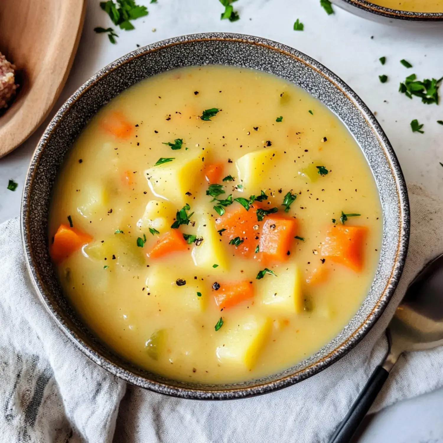 A bowl of creamy vegetable soup featuring chunks of carrots, potatoes, and green vegetables, garnished with parsley and black pepper, sits on a textured surface.