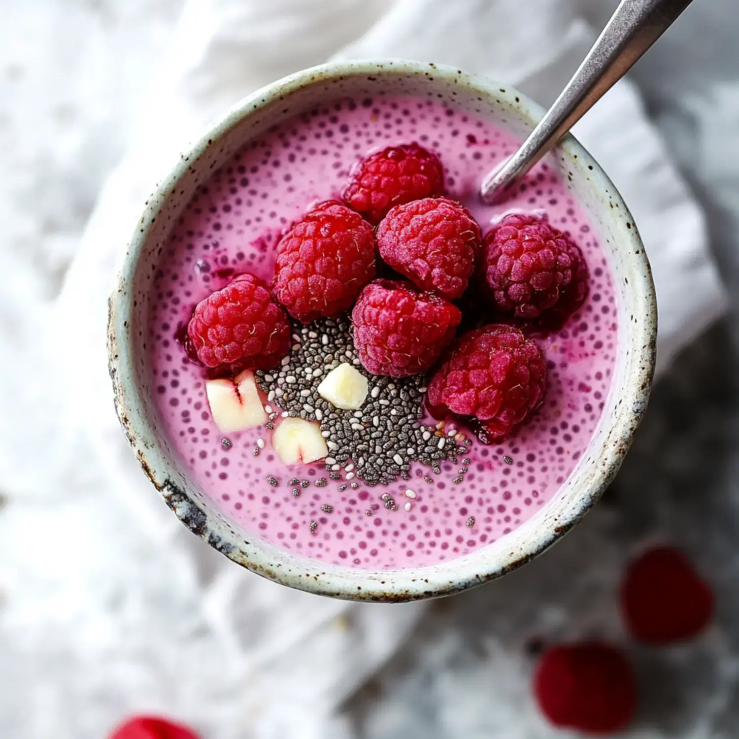 A bowl of pink smoothie topped with fresh raspberries, chia seeds, and small apple pieces sits on a light surface.