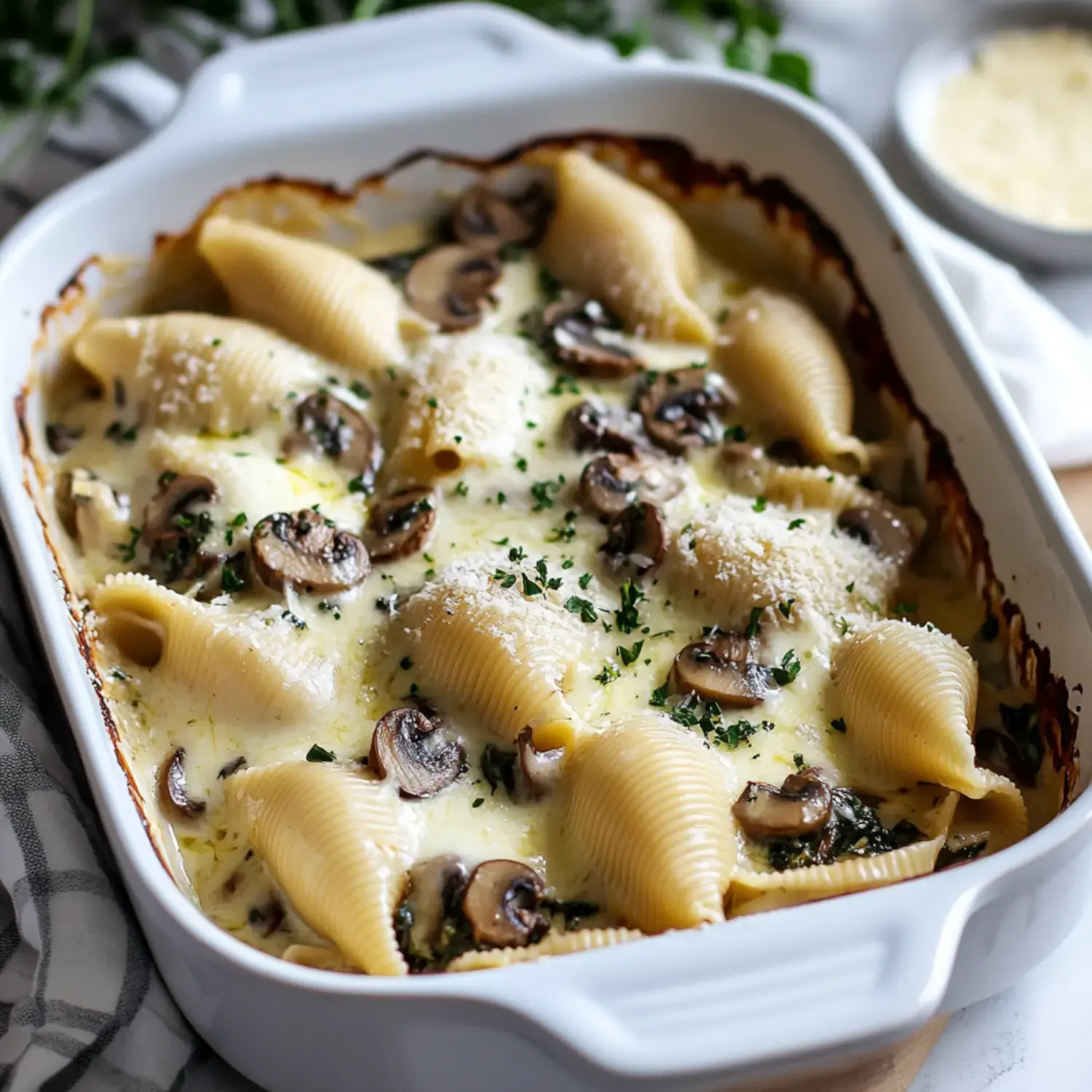 A creamy pasta dish made with shell-shaped noodles, mushrooms, and a sprinkle of parsley, baked in a white dish.