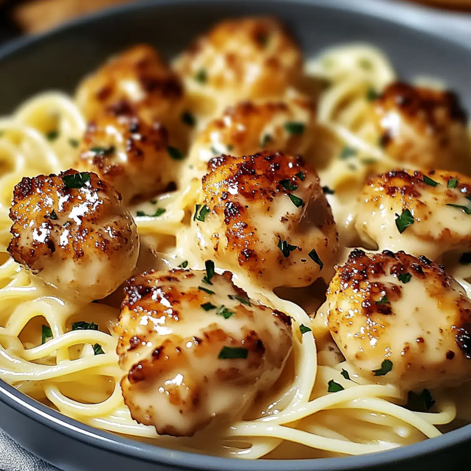 A close-up of pasta topped with creamy sauce and browned scallops, garnished with chopped parsley.