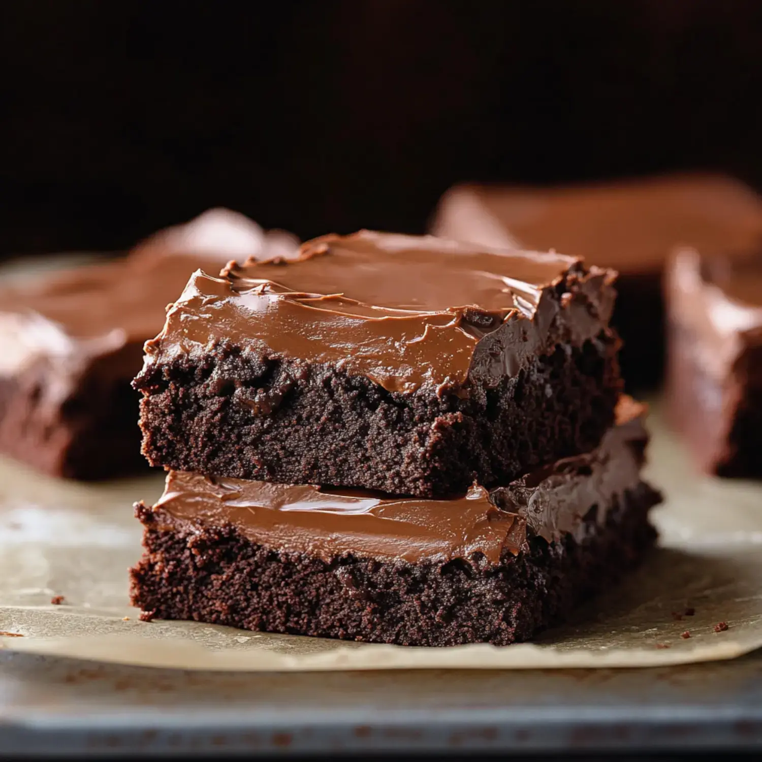 A close-up of two stacked chocolate brownies topped with a glossy layer of chocolate frosting.