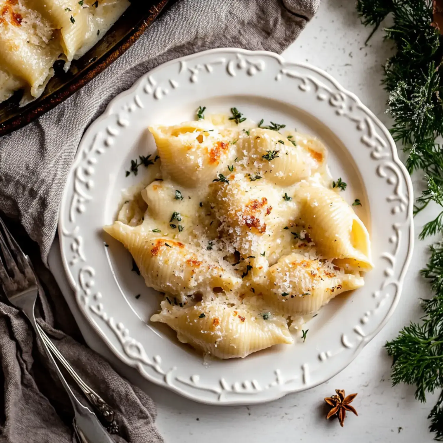 A plate of baked pasta shells in a creamy sauce, topped with grated cheese and fresh herbs, beside a textured cloth and decorative greenery.