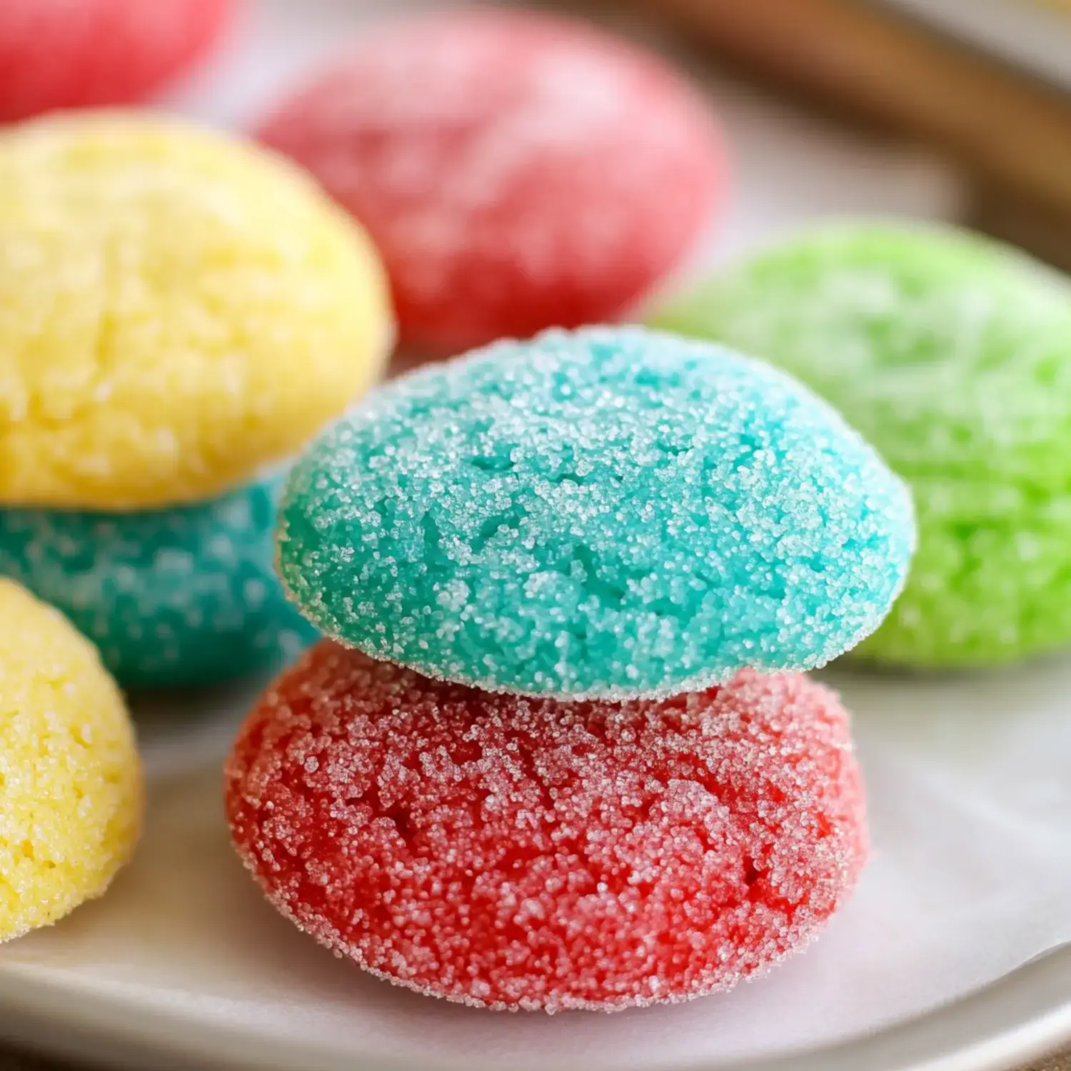 A neatly arranged display of colorful, sugar-coated cookies in various shades, including red, blue, green, and yellow.