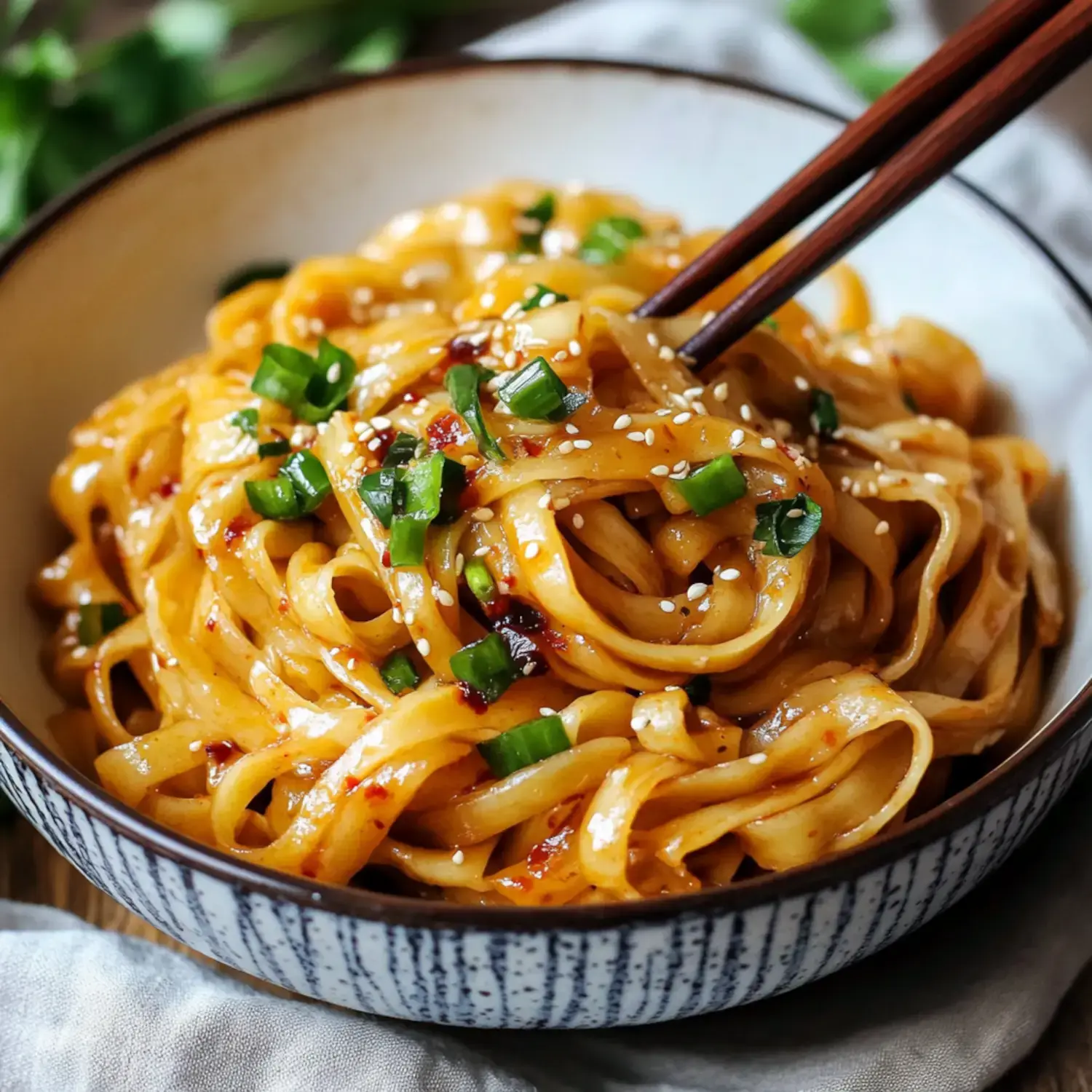 A bowl of sauced noodles garnished with green onions and sesame seeds, served with chopsticks.