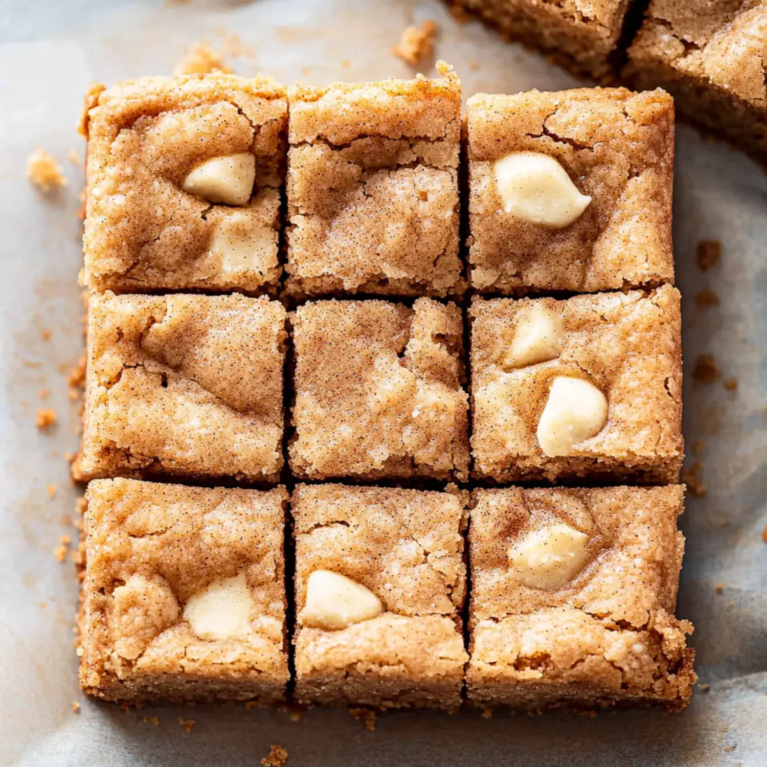 A grid of nine blondie squares, topped with light-colored chocolate chips, on a sheet of parchment paper.