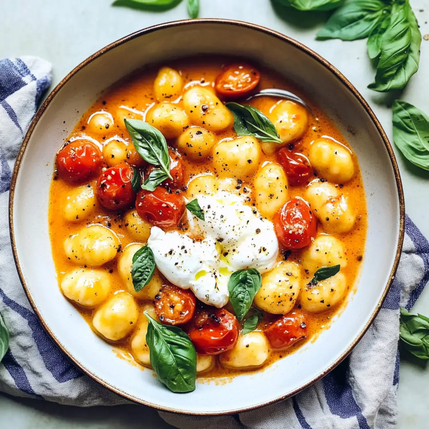 A bowl of gnocchi in a creamy tomato sauce, topped with cherry tomatoes, fresh basil leaves, and a dollop of burrata cheese.