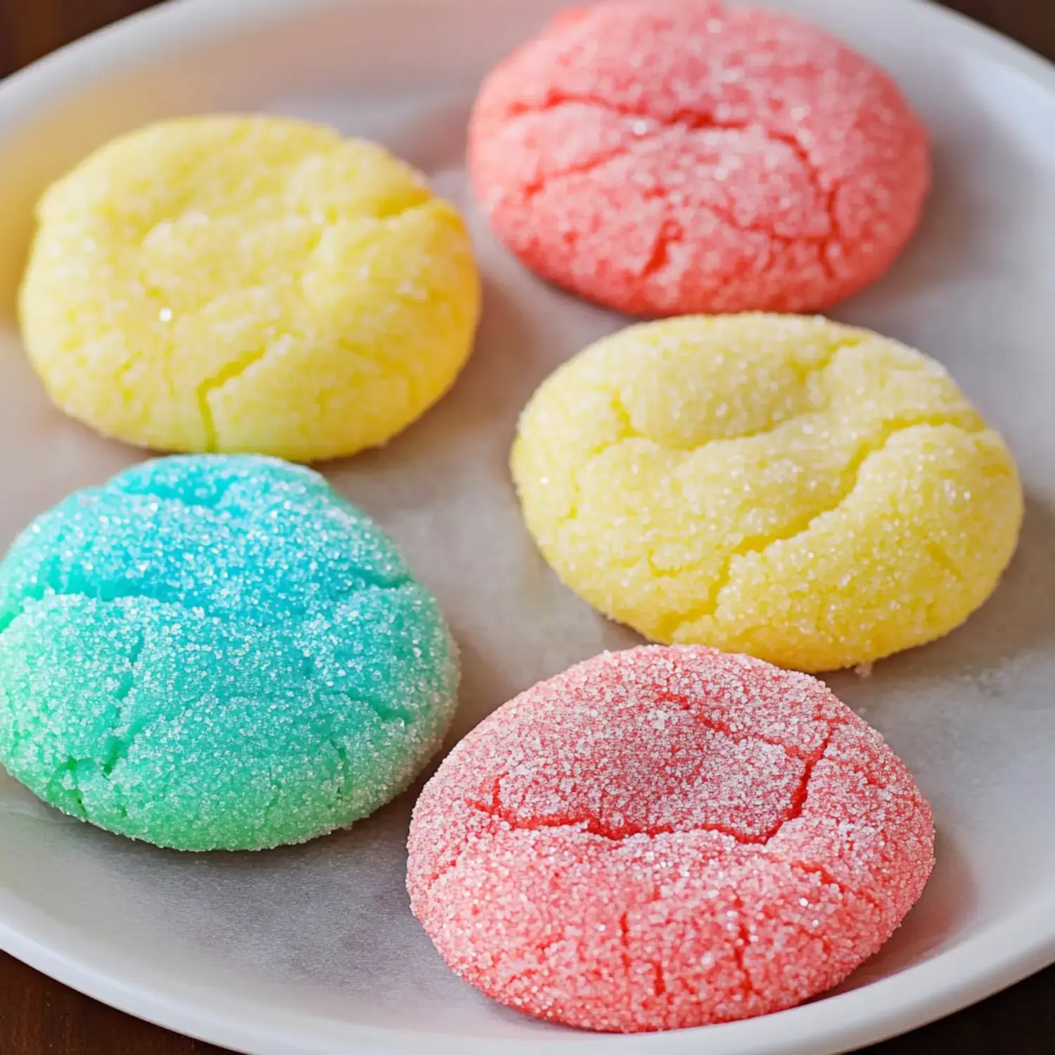 A plate of colorful sugar-coated cookies in yellow, pink, blue, and green, featuring a cracked surface and a glossy finish.