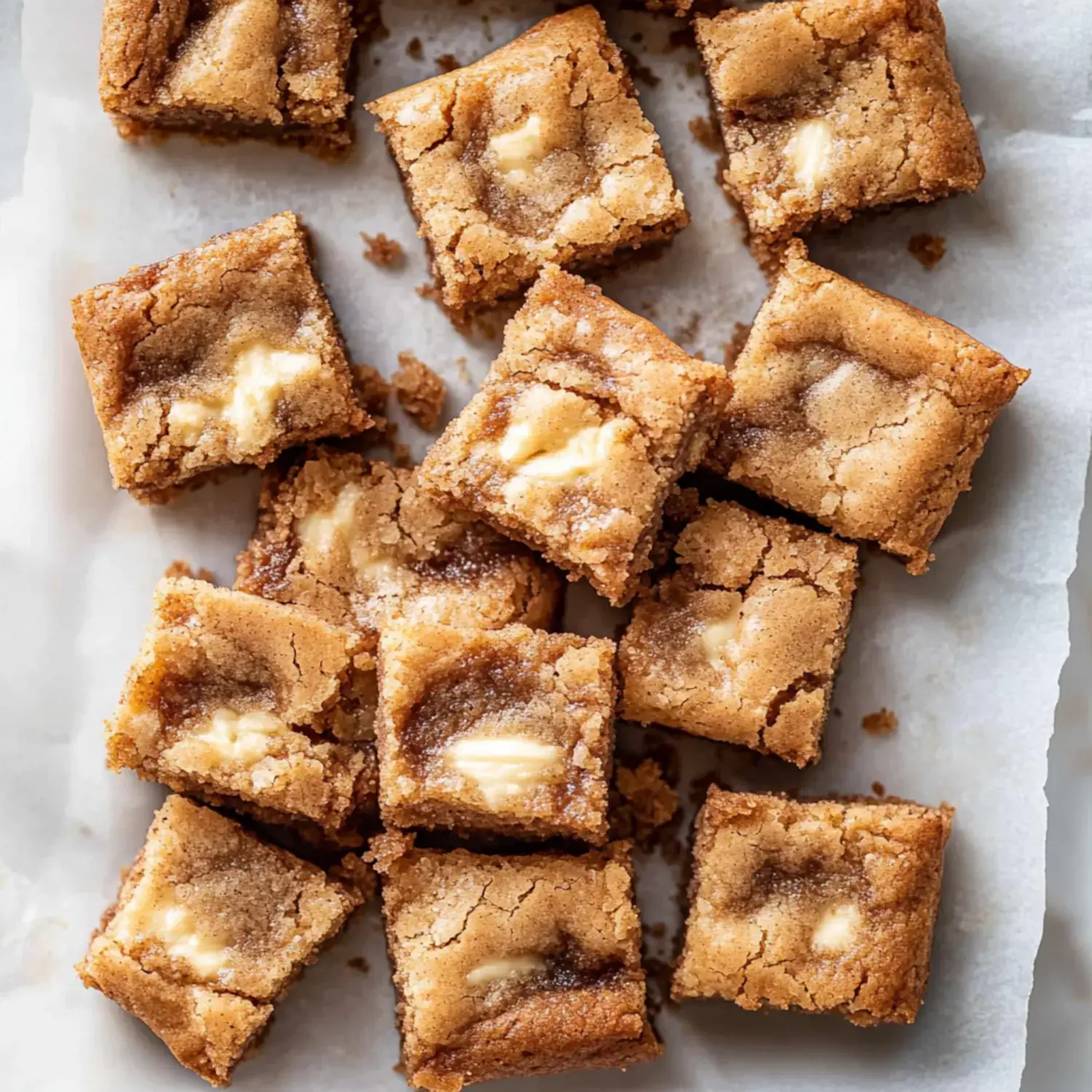 A tray of freshly baked blondie squares with a gooey center, arranged neatly on a sheet of parchment paper.