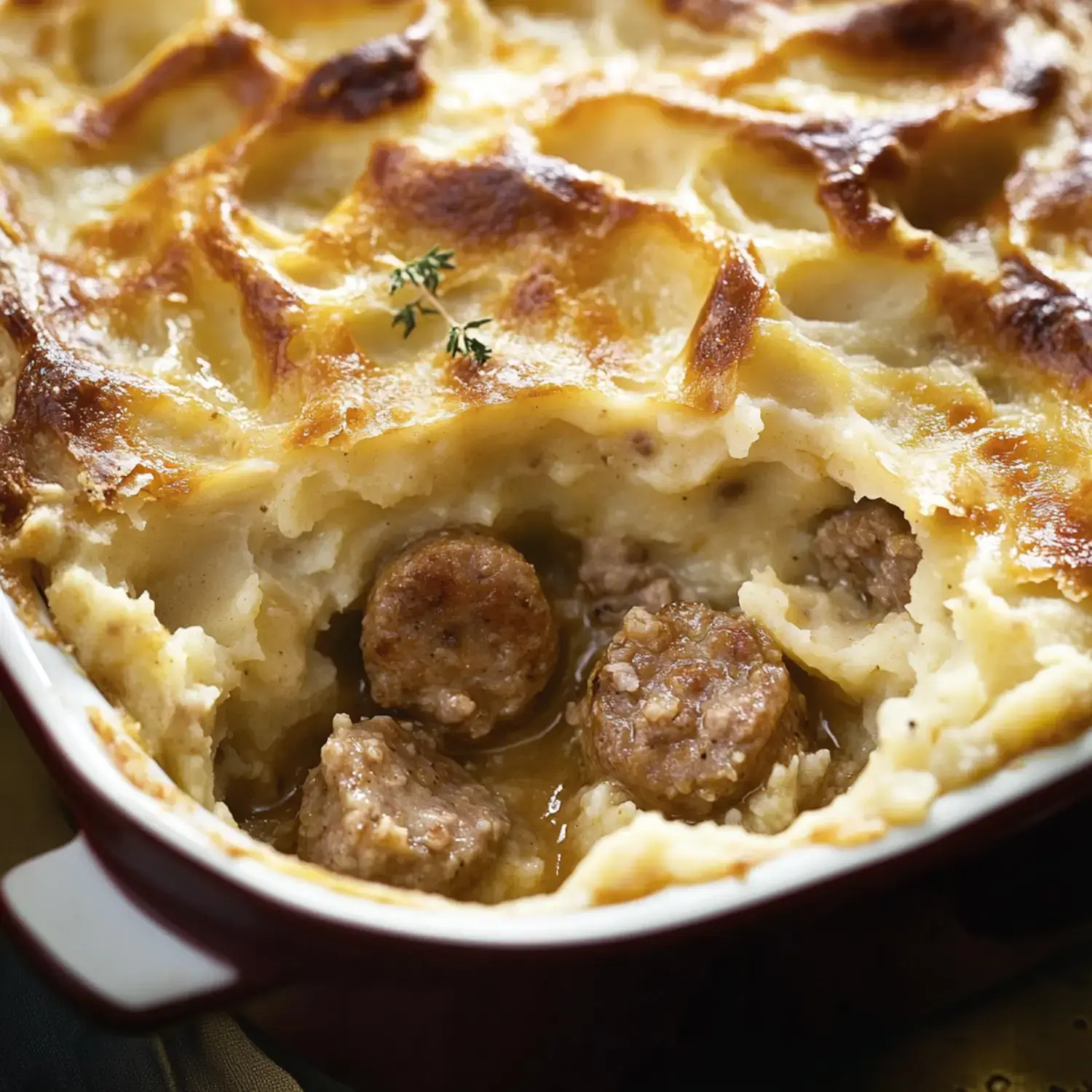 A close-up of a golden-brown shepherd's pie, revealing savory sausage pieces and creamy mashed potatoes underneath a crispy topping.