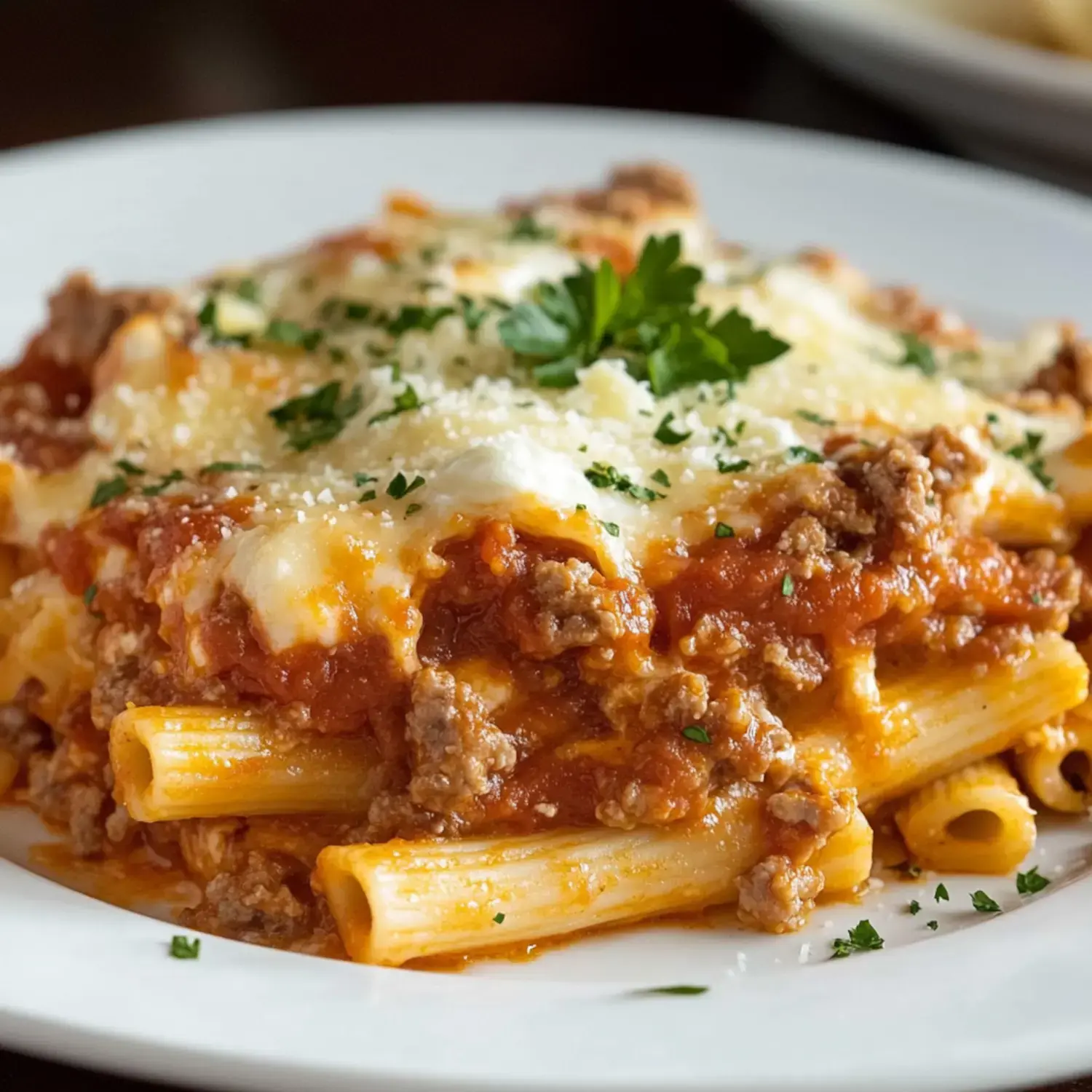 A plate of baked pasta with meat sauce, topped with melted cheese and garnished with parsley.