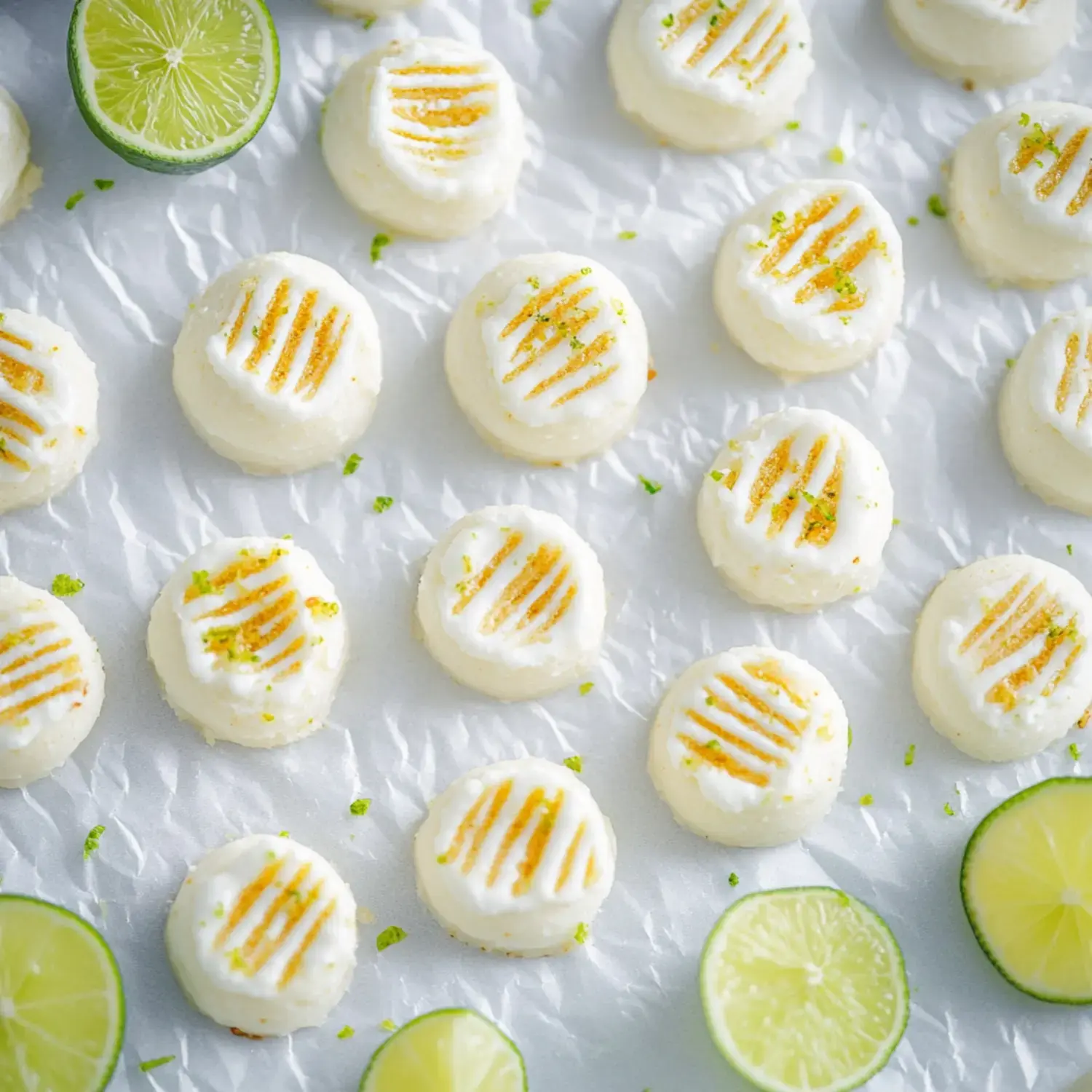 A variety of small, round desserts topped with a creamy white layer and decorative lines, arranged on a surface alongside fresh lime halves.