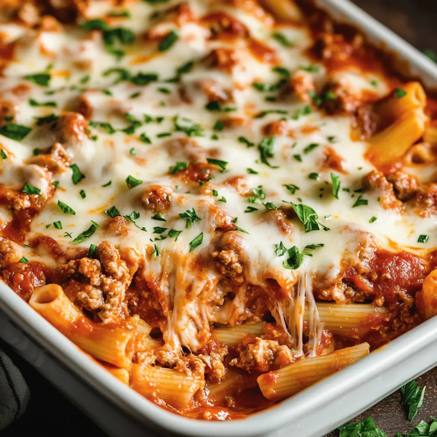 A close-up view of a baked pasta casserole topped with melted cheese and garnished with fresh parsley.