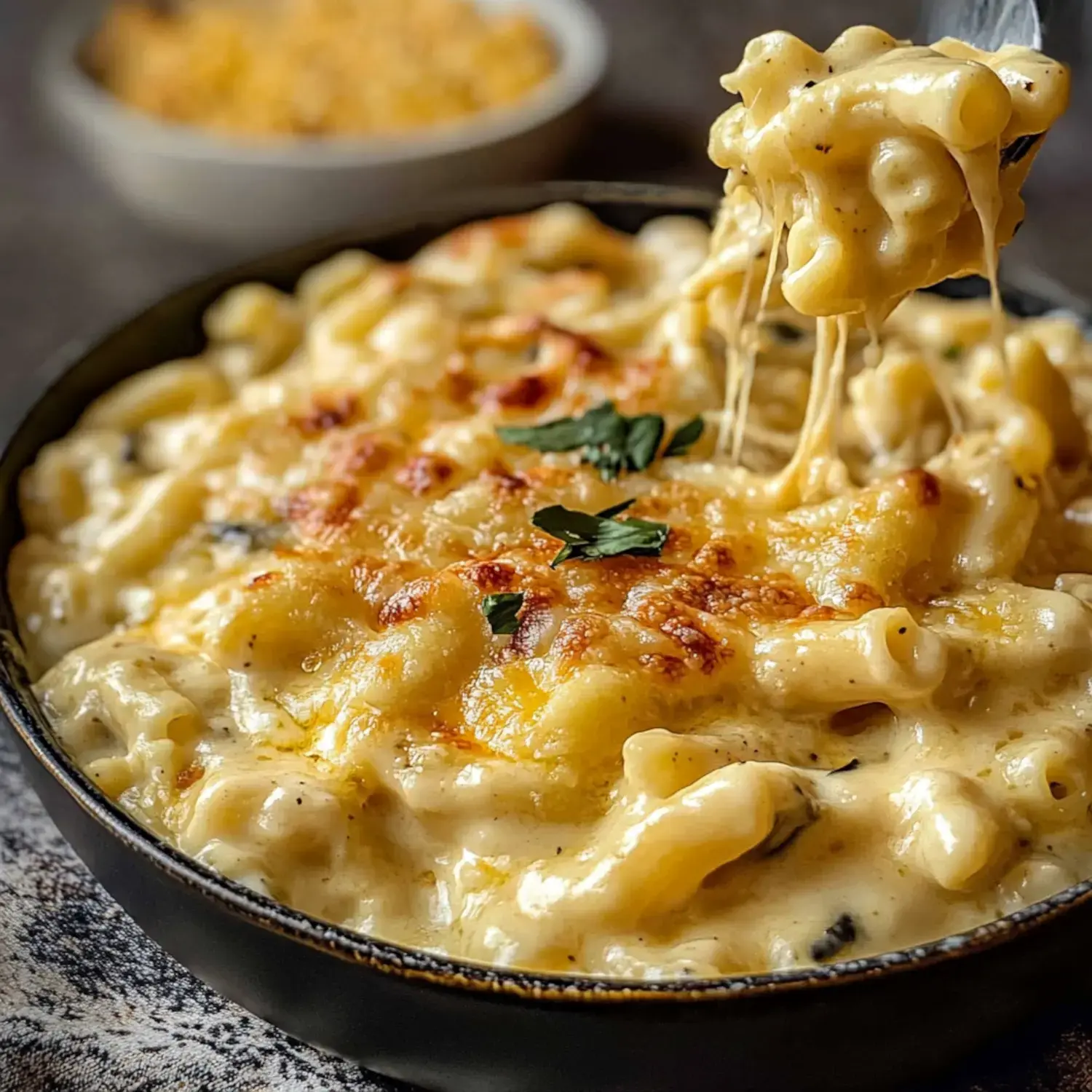 A close-up of a creamy, cheesy macaroni and cheese dish with a golden-brown crust, garnished with fresh herbs.