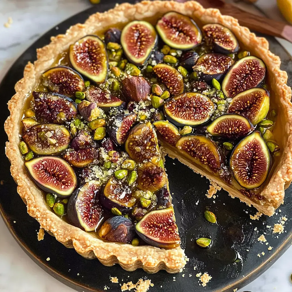 A freshly baked fig tart topped with sliced figs and pistachios, with a slice removed, displayed on a black plate.