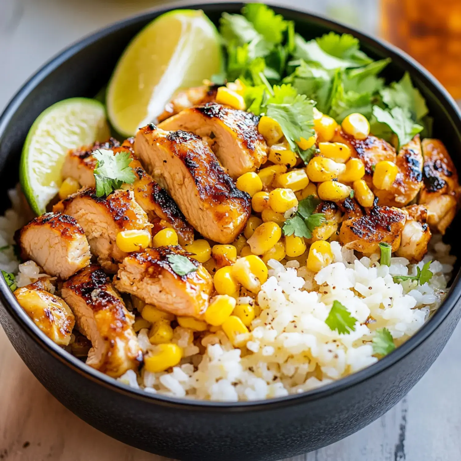 A bowl of rice topped with grilled chicken strips, corn, cilantro, and lime wedges.