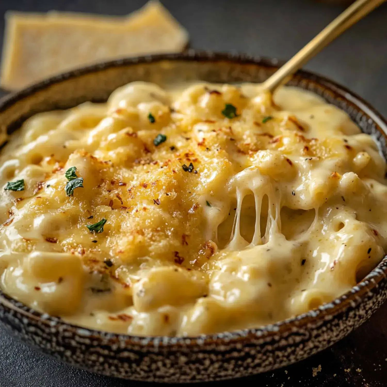 A close-up of creamy macaroni and cheese in a textured bowl, topped with breadcrumbs and herbs, with a fork pulling out a cheesy portion.