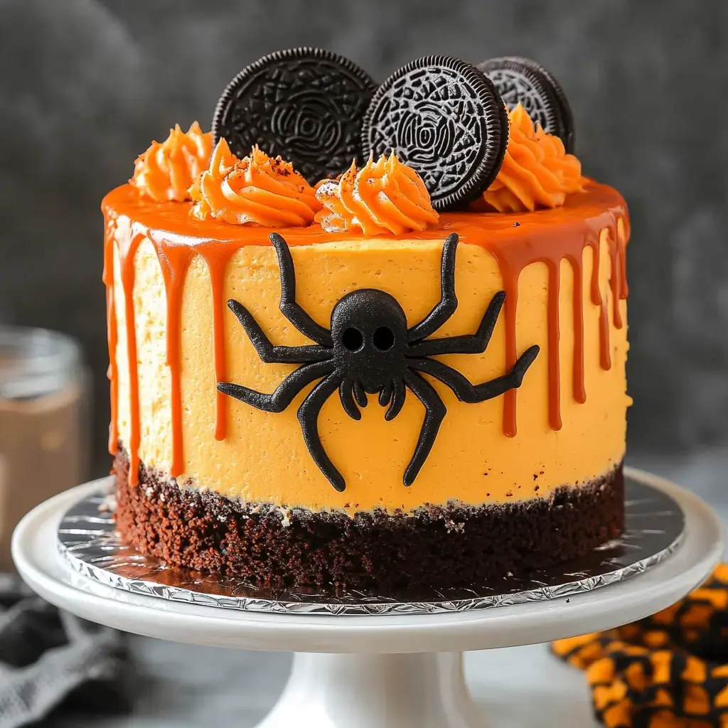 A decorated two-layer cake with orange frosting, chocolate drizzle, black spider decoration, and Oreo cookies on top.