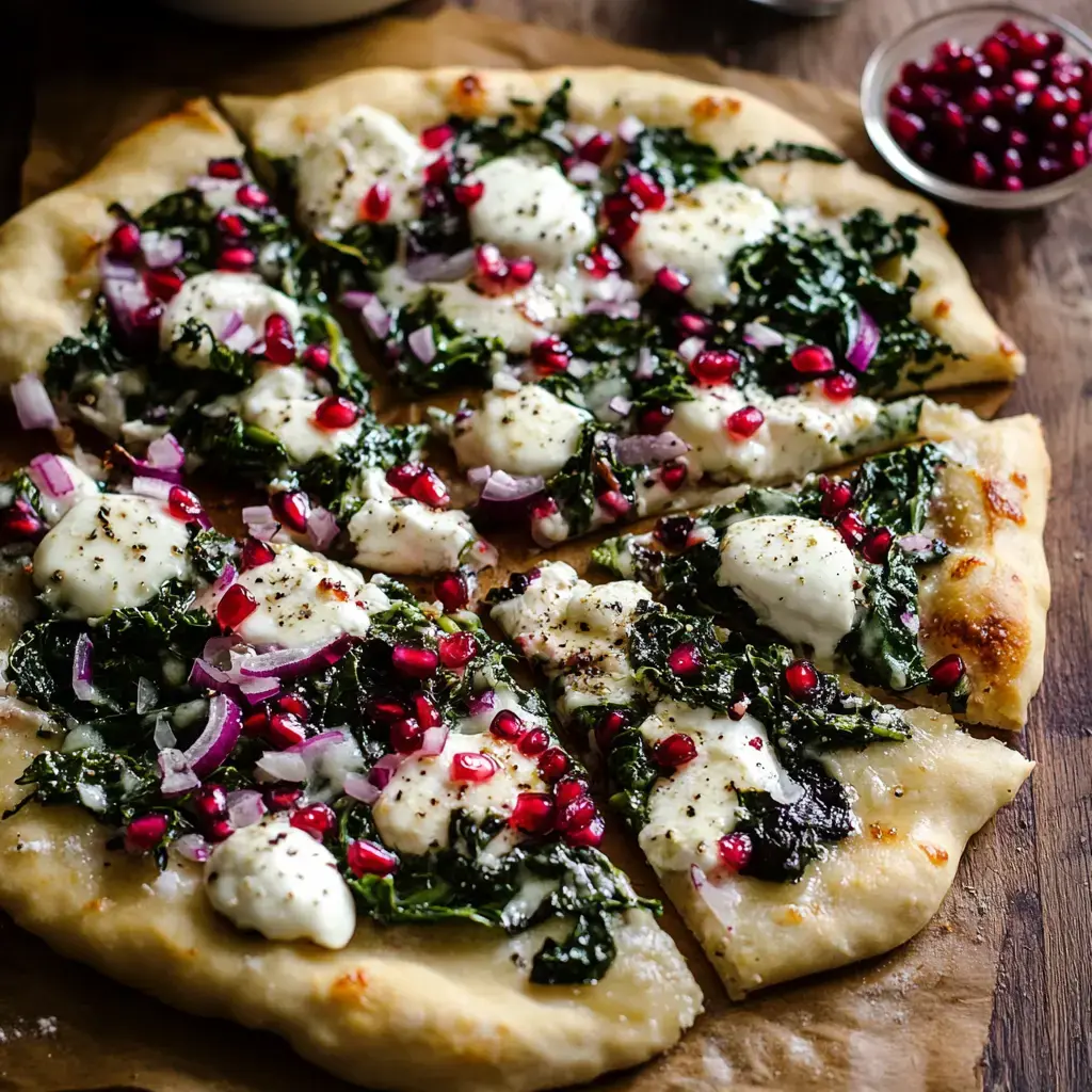 A freshly baked pizza topped with kale, pomegranate seeds, mozzarella, and red onion, served on a wooden board.