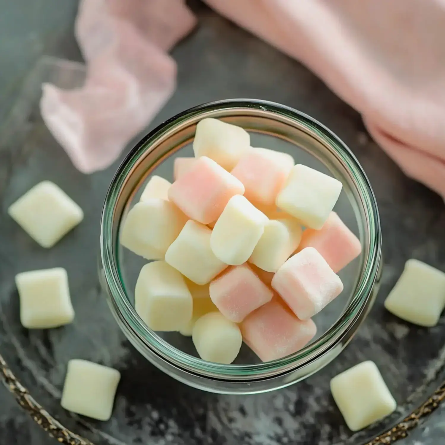 A glass jar filled with pink and white square-shaped candies is placed on a dark surface, surrounded by a few scattered candies.