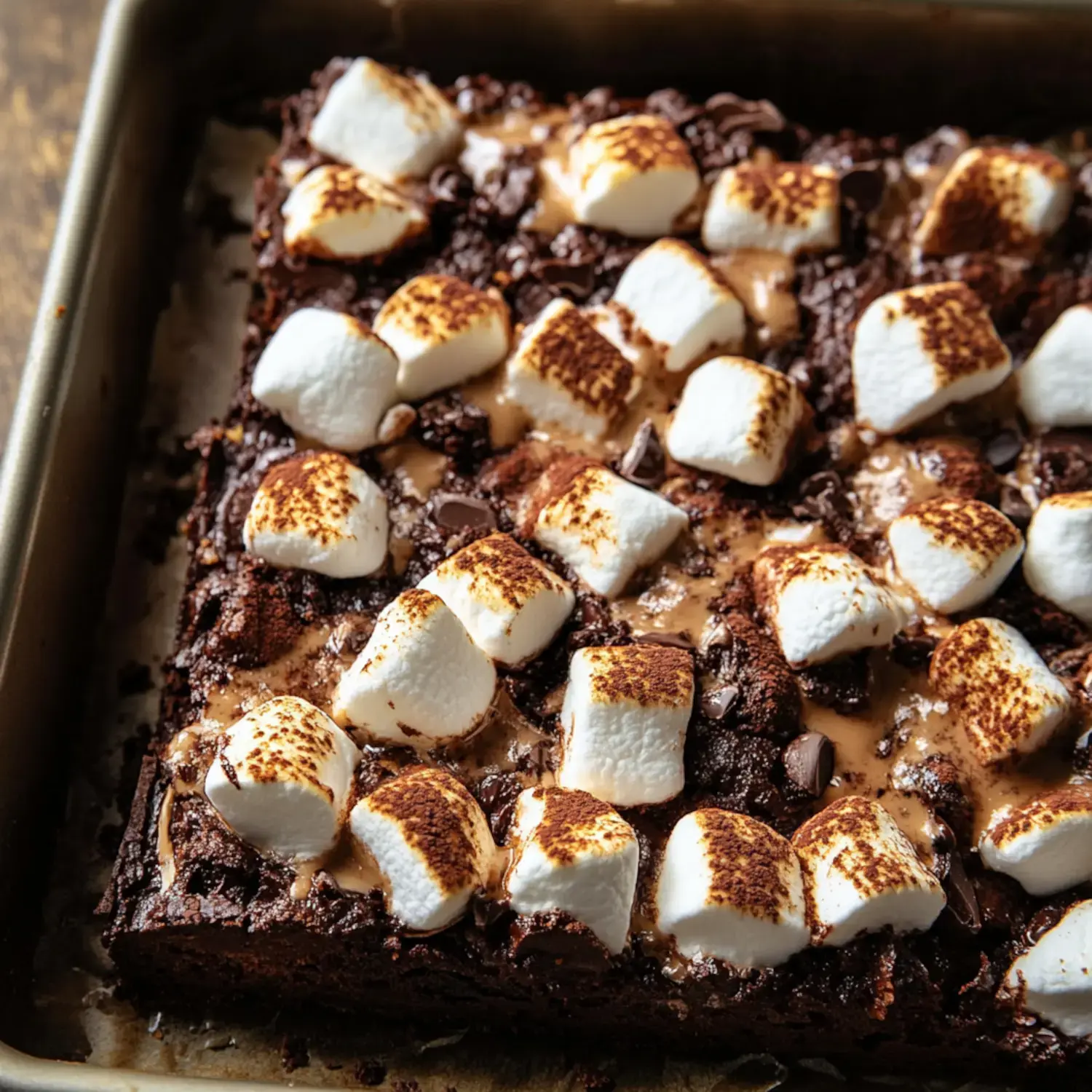 A close-up of a chocolate brownie topped with golden-brown toasted marshmallows and chocolate chips in a baking pan.