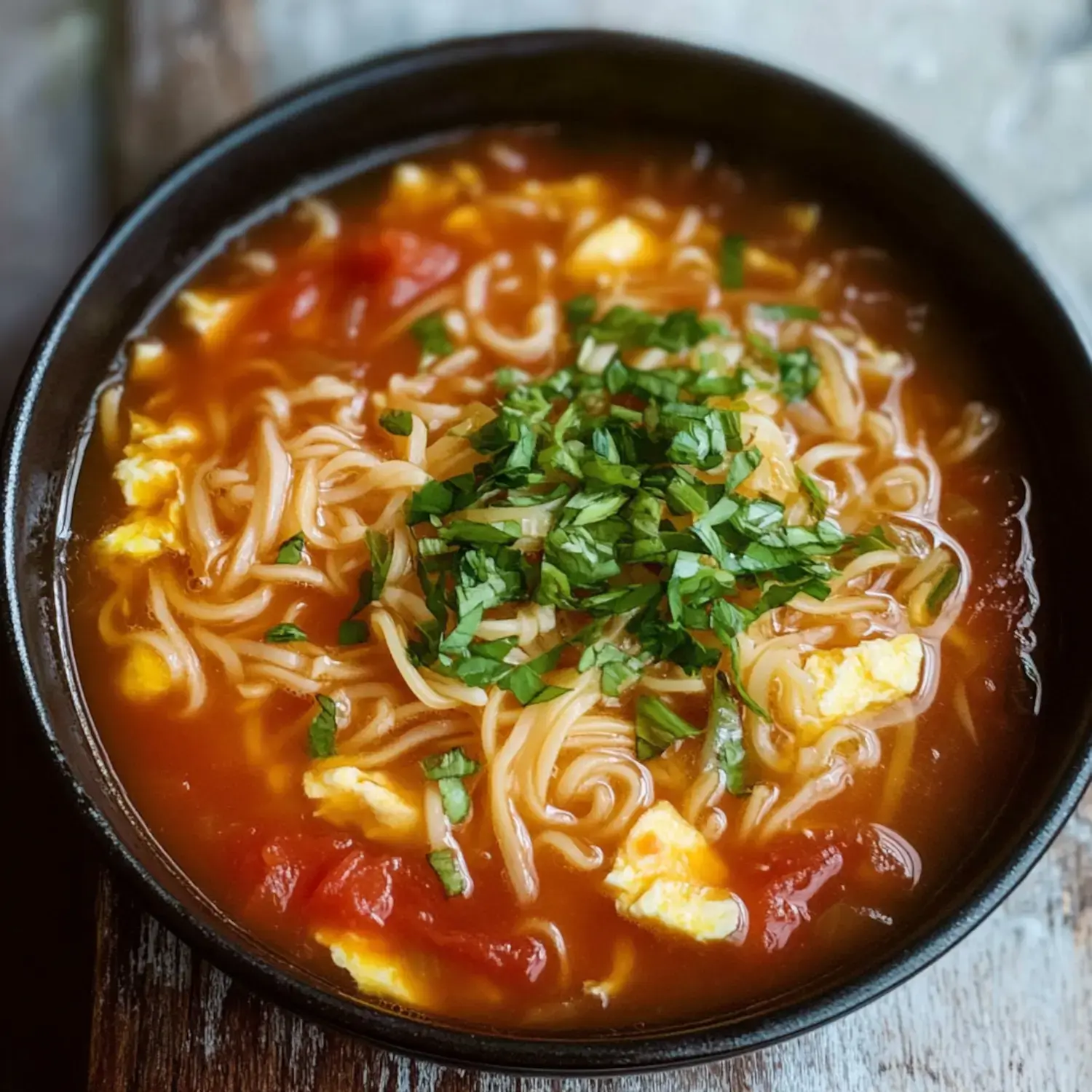 A close-up of a bowl of noodle soup garnished with chopped green herbs and pieces of scrambled egg and tomato.