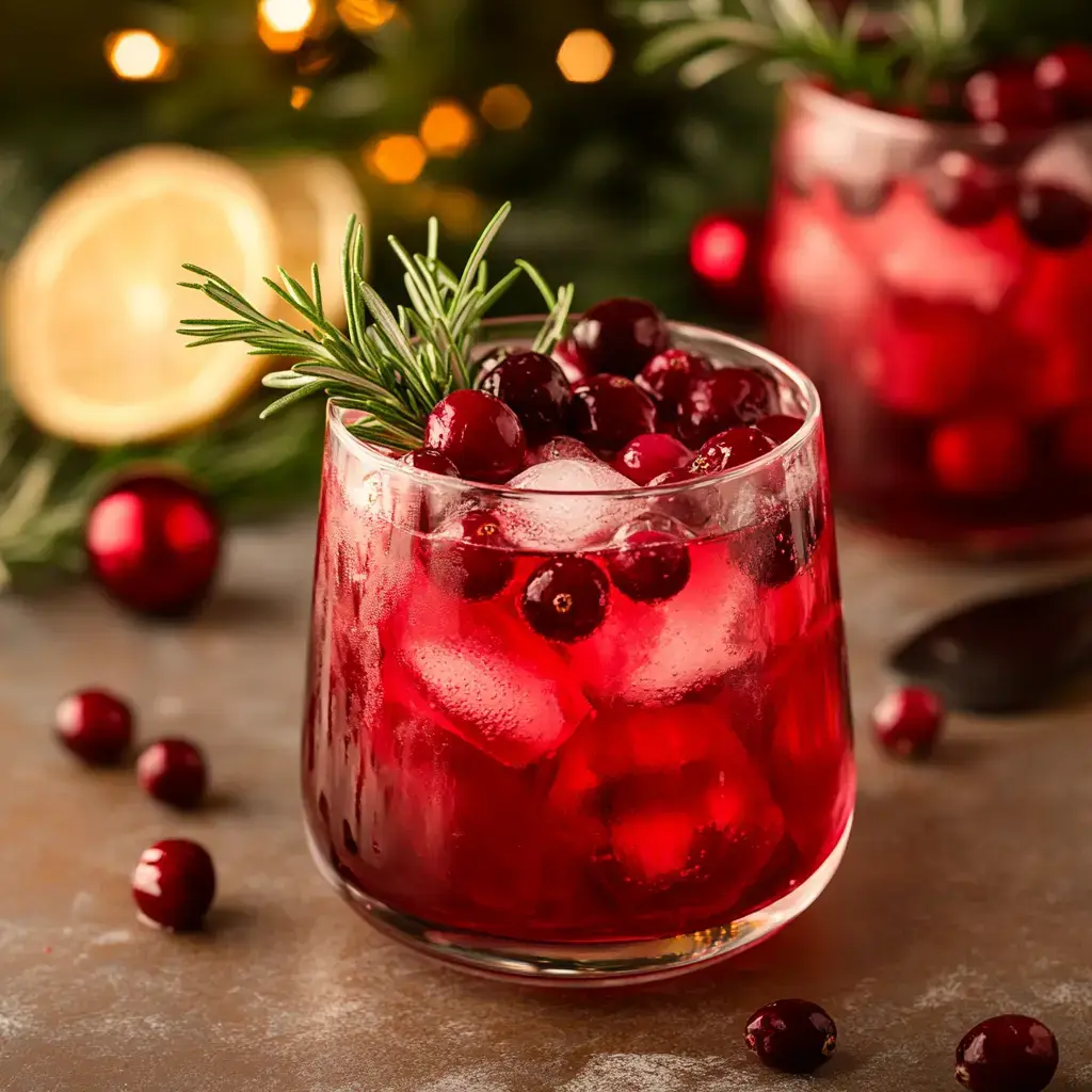 A festive glass of cranberry drink garnished with fresh rosemary and surrounded by holiday decor.