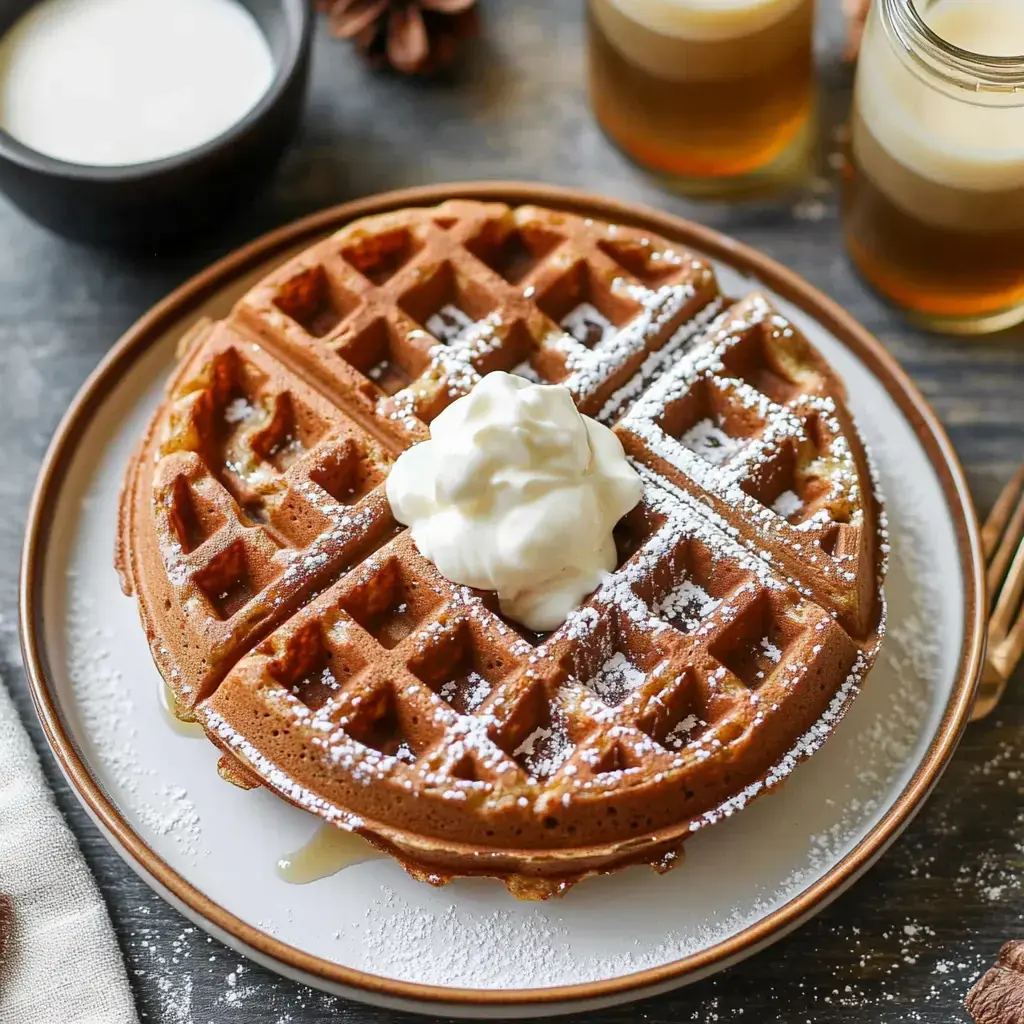 A freshly made waffle topped with whipped cream and powdered sugar, accompanied by milk and drinks in the background.