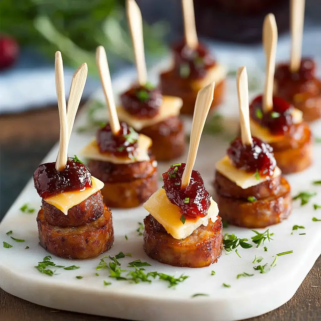 A platter of stacked sausage and cheese bites topped with cranberry sauce and garnished with parsley.