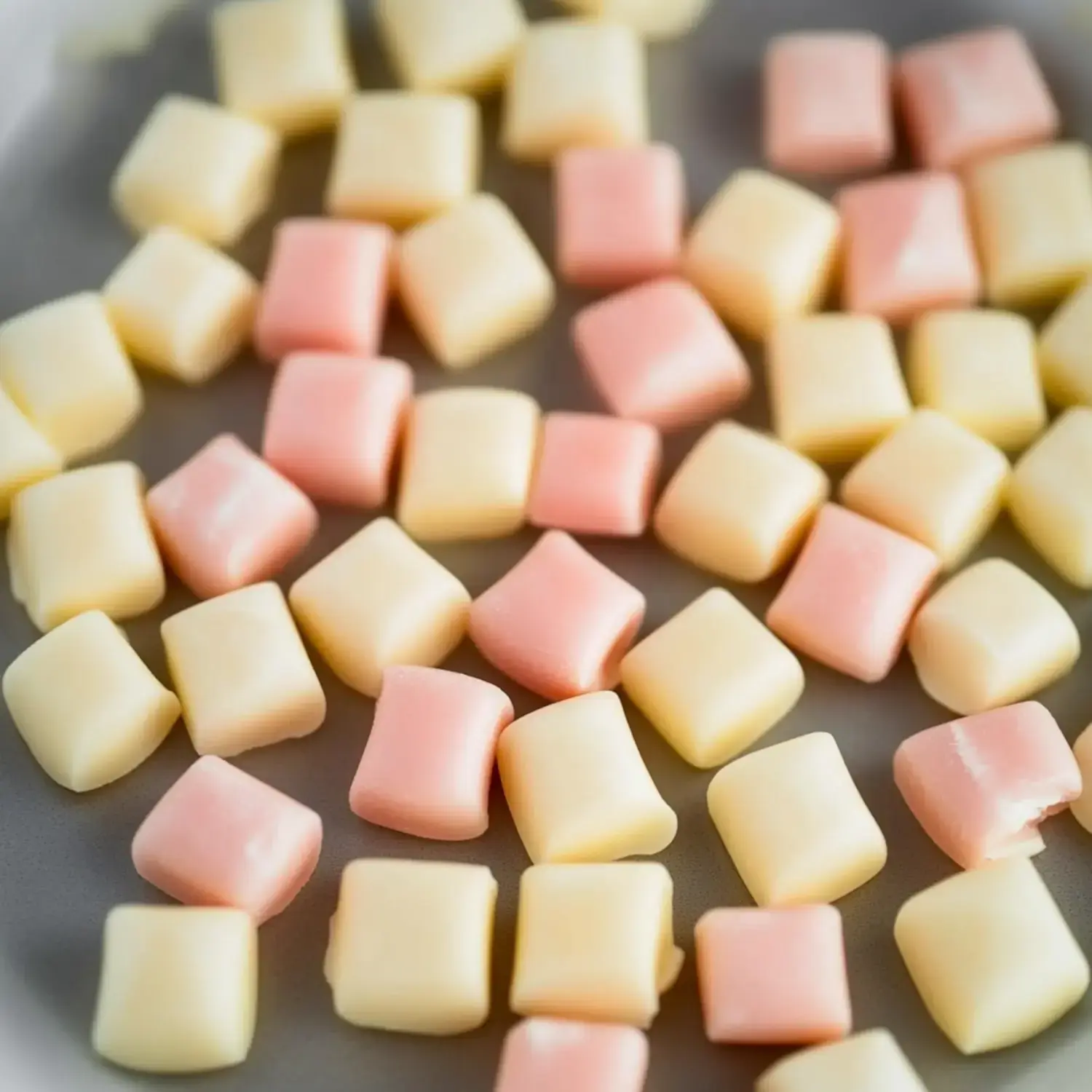 A close-up image of small, square-shaped candies in alternating colors of pale yellow and pink.