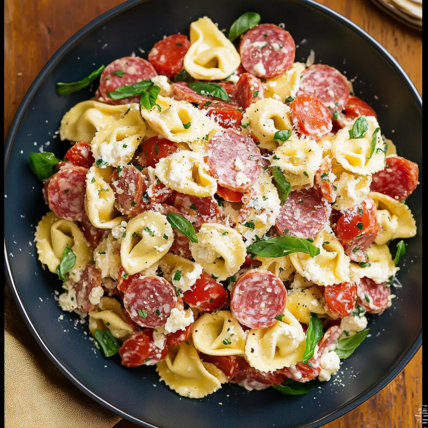 A black bowl filled with pasta, salami slices, cherry tomatoes, and fresh basil, topped with grated cheese.