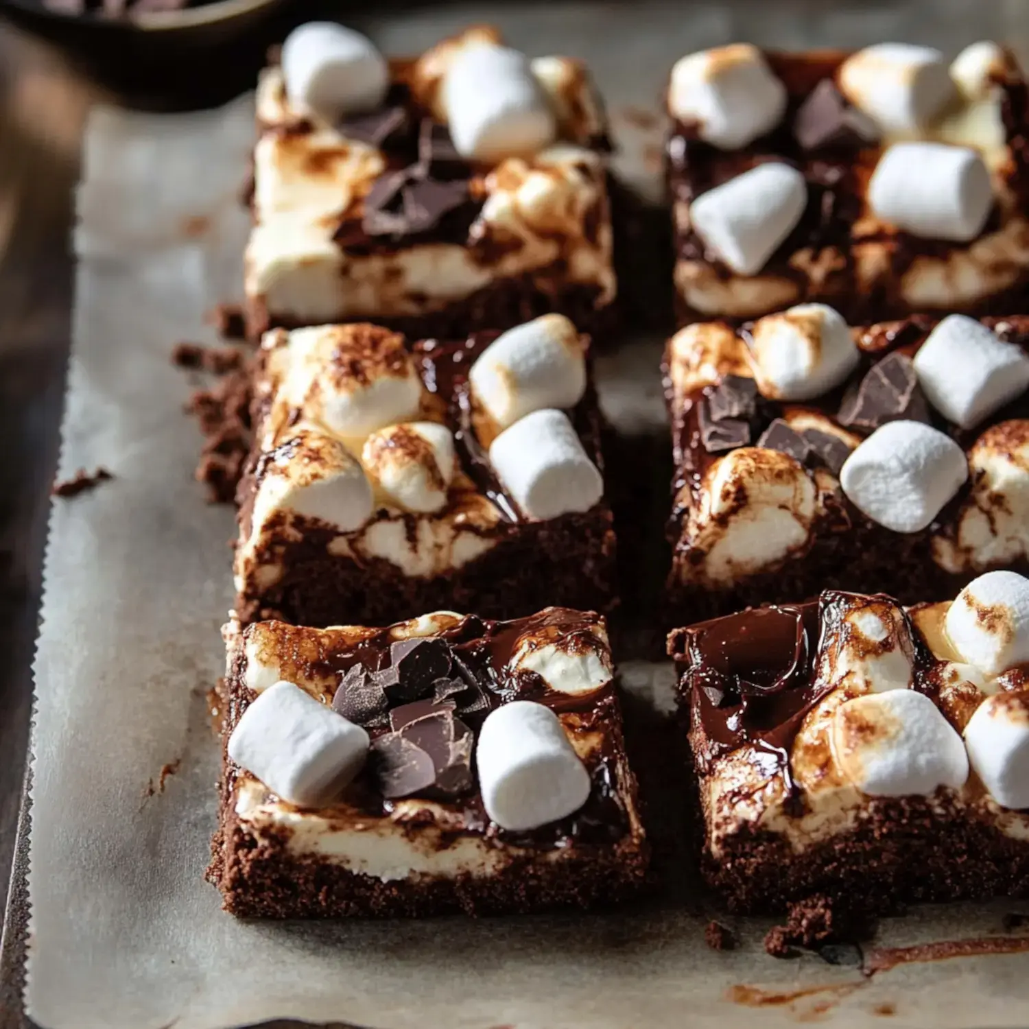 A close-up of chocolate marshmallow squares topped with toasted marshmallows and chocolate pieces on a baking tray.