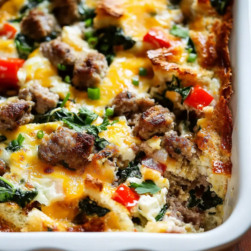 A close-up of a baked casserole dish filled with pieces of sausage, spinach, red peppers, and melted cheese.