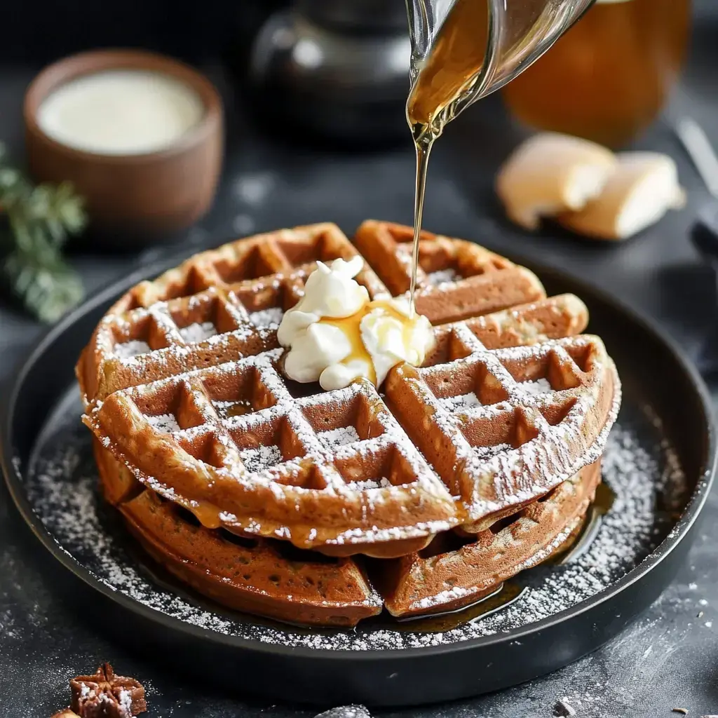 A stack of waffles drizzled with syrup and topped with whipped cream, set on a dark plate.